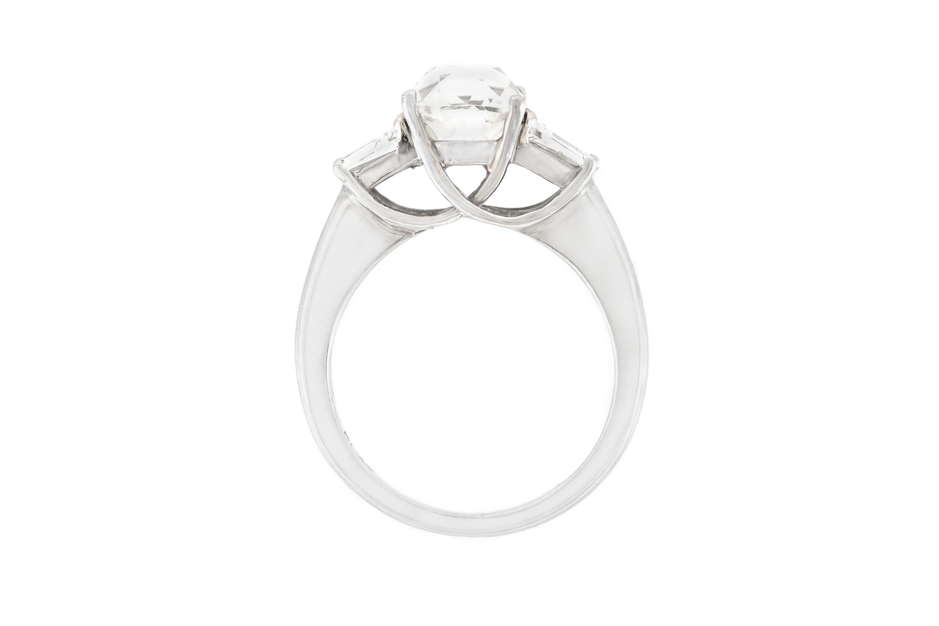 Baguette Cut Platinum 2.50 GIA Cushion Cut Two-Side Daimonds Engagement Ring For Sale