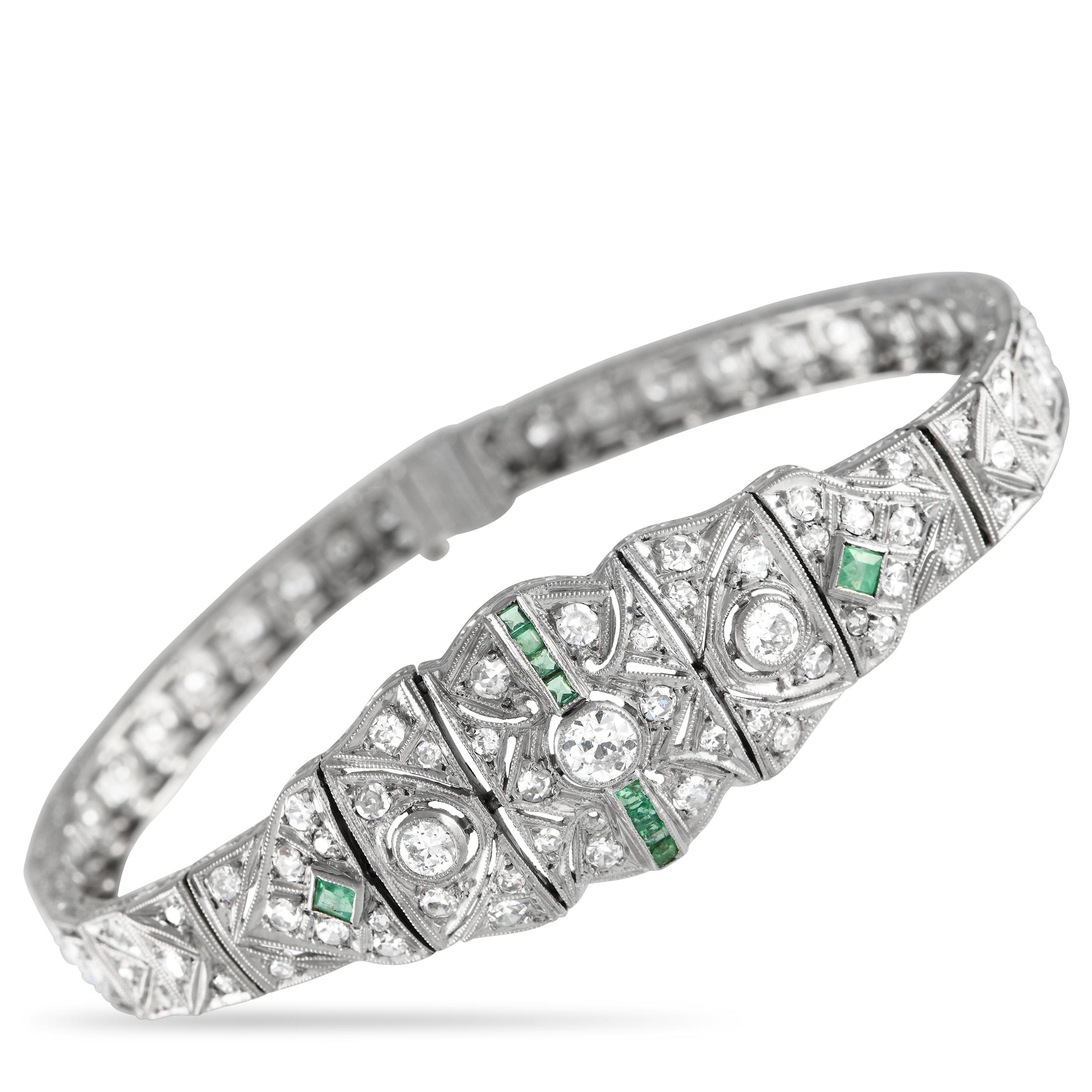 Platinum 2.50ct Diamond and Emerald Art Deco Bracelet MF10-012924 In Excellent Condition For Sale In Southampton, PA