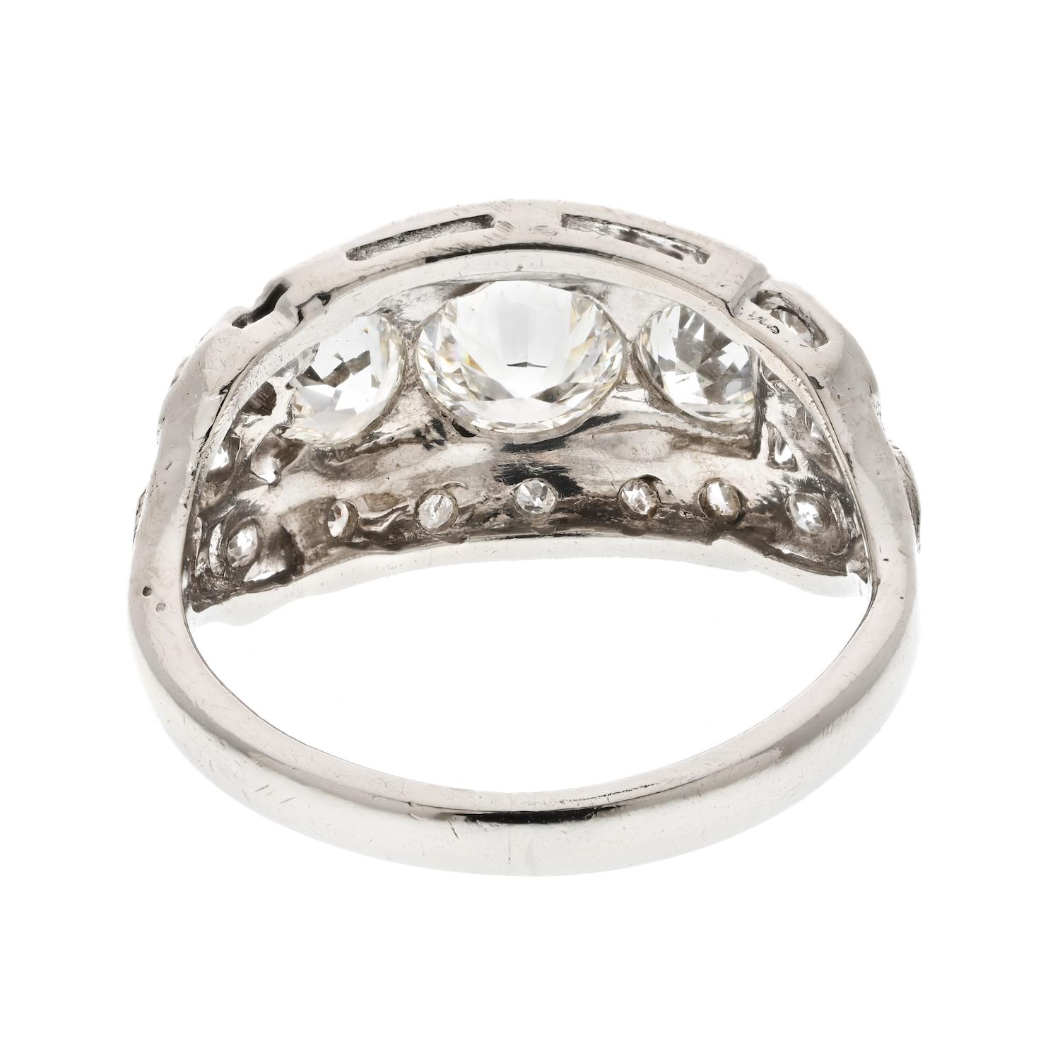 Old Mine Cut Platinum 2.50cttw Deco Diamond Three Stone Right Hand Ring For Sale