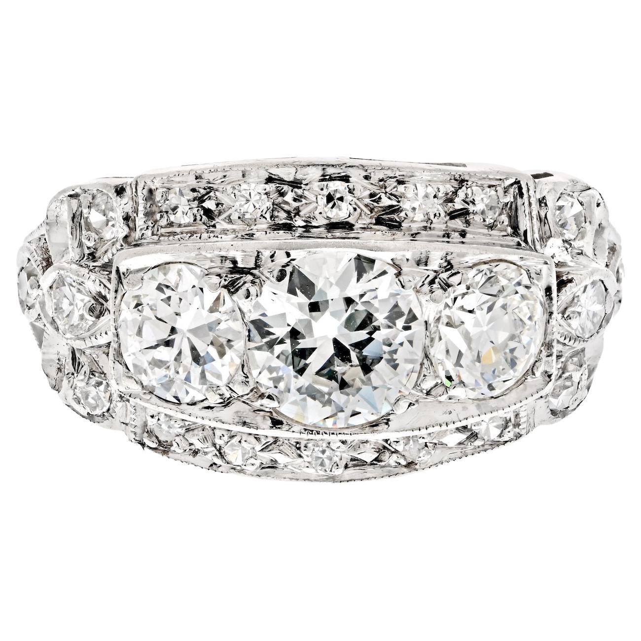 Platinum 2.50cttw Deco Diamond Three Stone Right Hand Ring For Sale