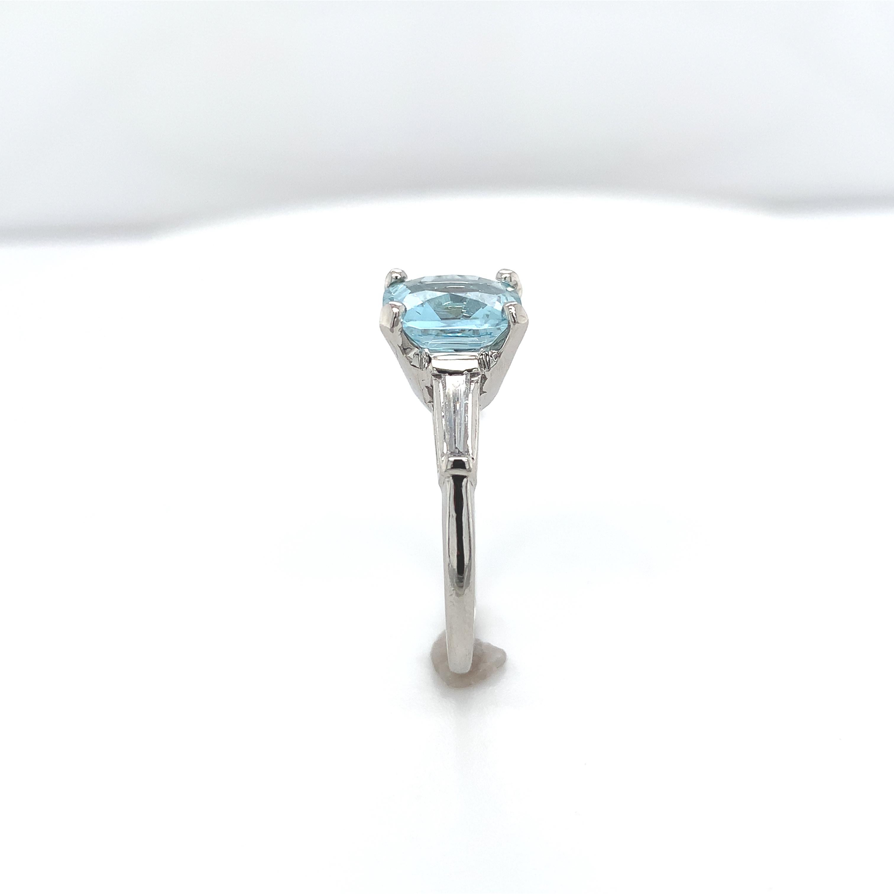 Women's Platinum 2.51 carat Cushion Cut Aquamarine Ring with Diamond Baguettes For Sale