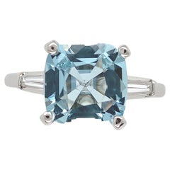 Retro Platinum 2.51 carat Cushion Cut Aquamarine Ring with Diamond Baguettes