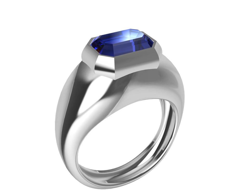 For Sale:  Platinum 2.54 Carat Blue Emerald Cut Sapphire Sculpture Ring 3