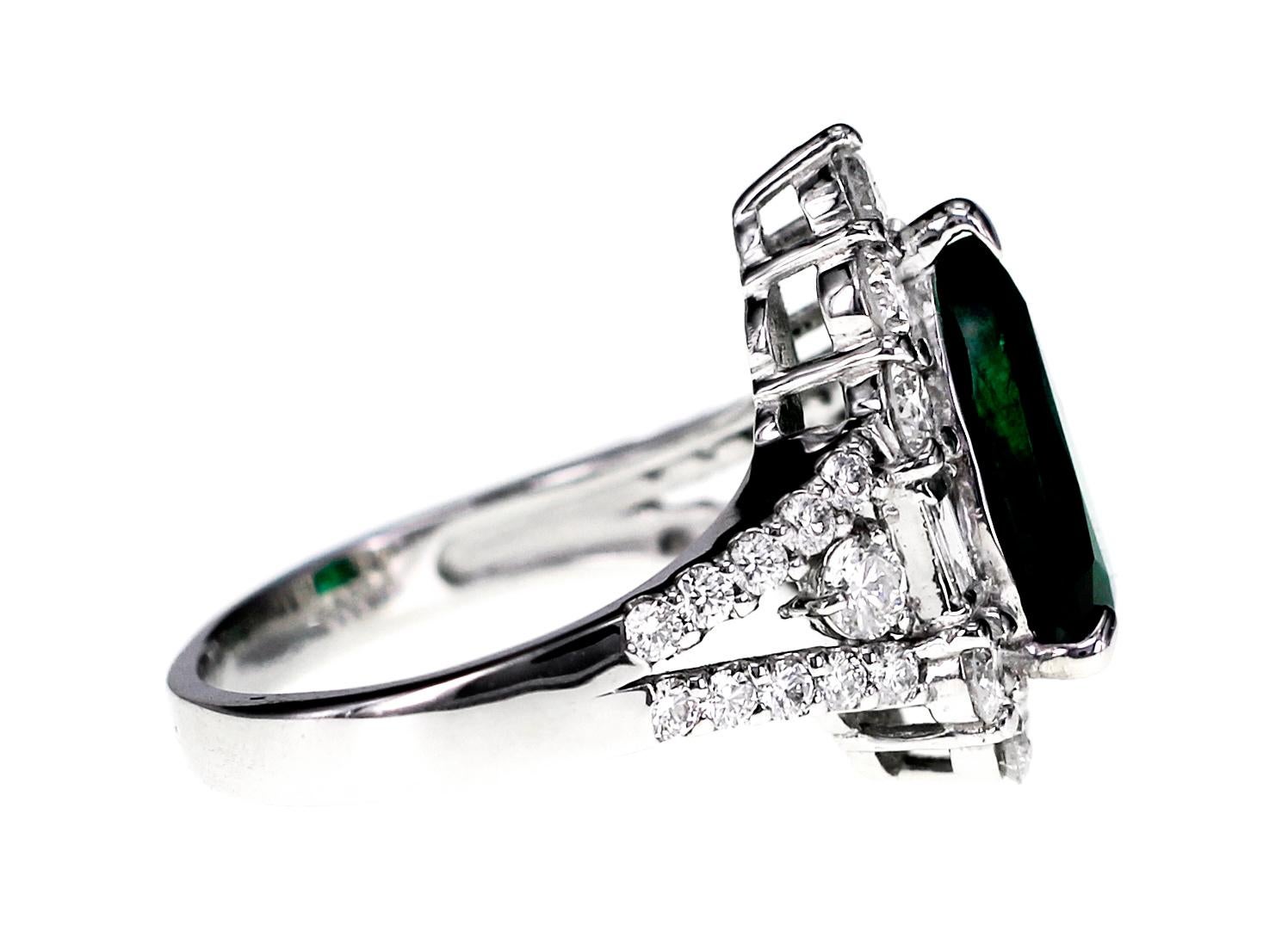Aesthetic Movement Platinum 2.63 Carat Vivid Green Zambian Emerald and Diamond Engagement Ring
