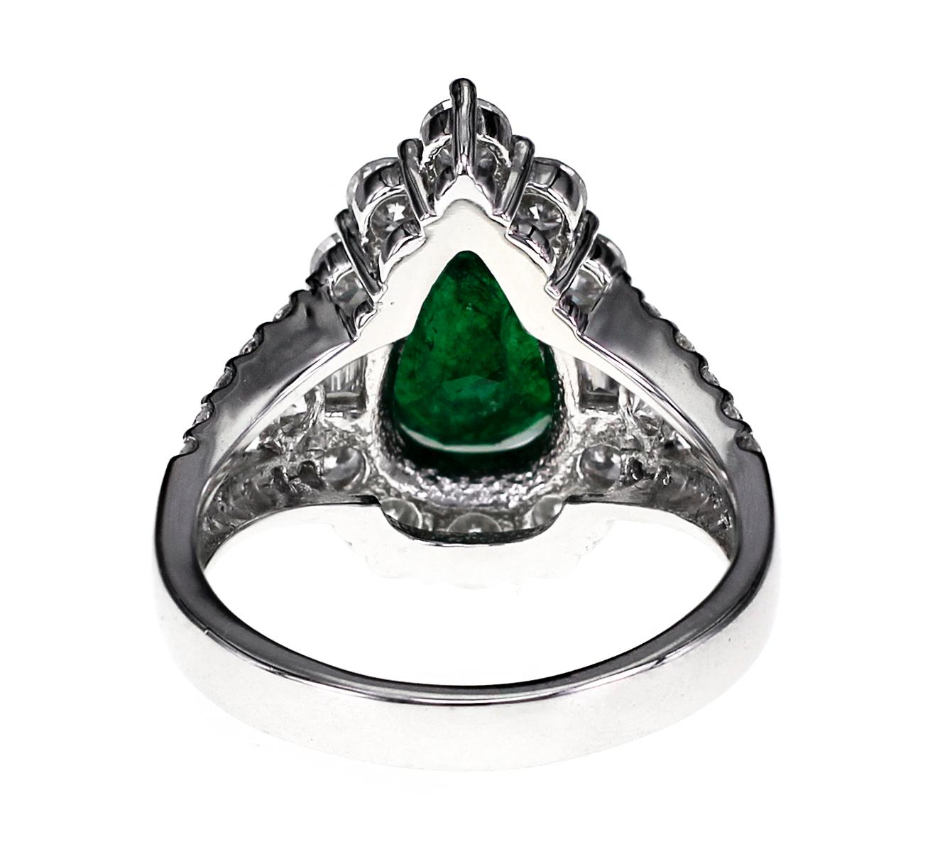 Pear Cut Platinum 2.63 Carat Vivid Green Zambian Emerald and Diamond Engagement Ring