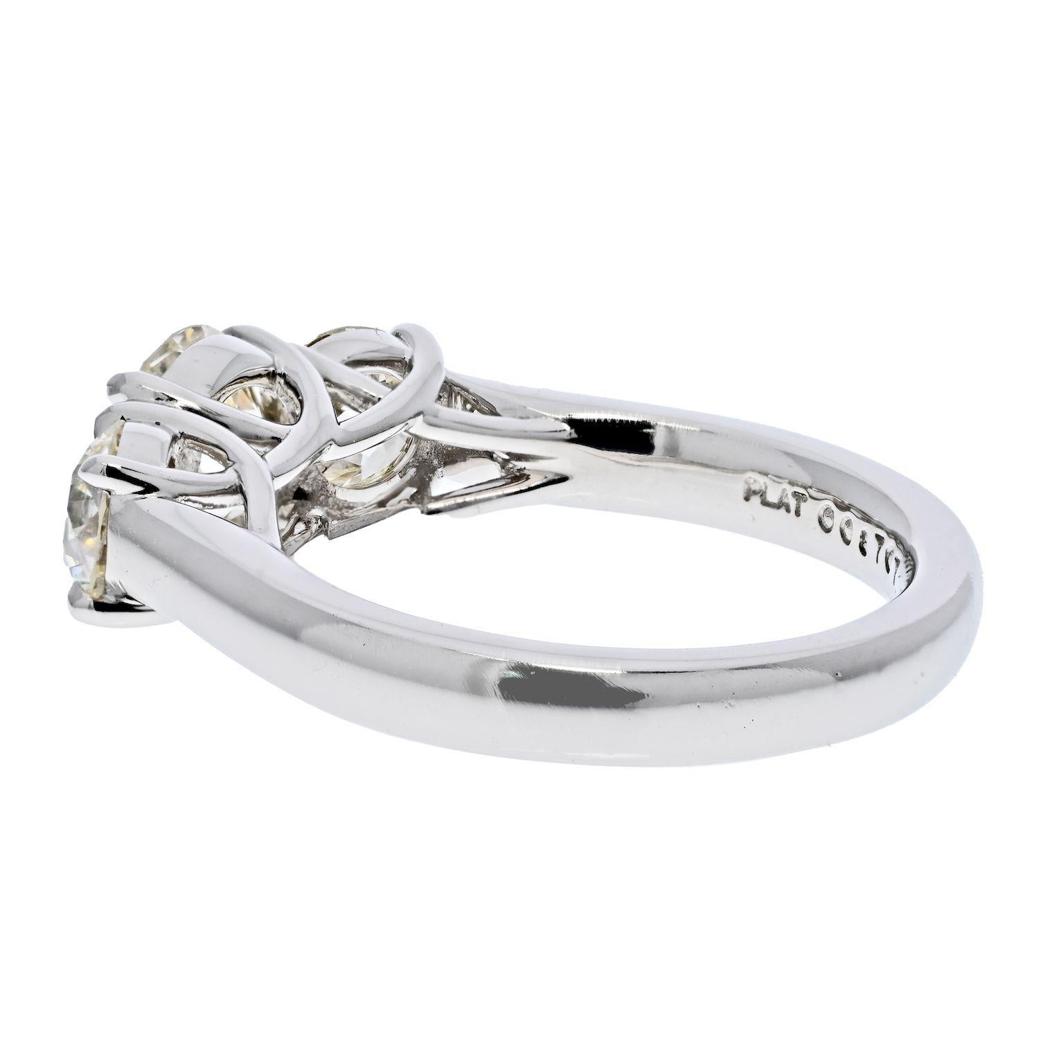 Lovely three stone ring crafted in platinum mounted with three old european cut diamonds. Beautiful option for someone who is keen on Old Euro's and loves the story behind it. The total carat weight of all three diamonds is 2.66cts. All three