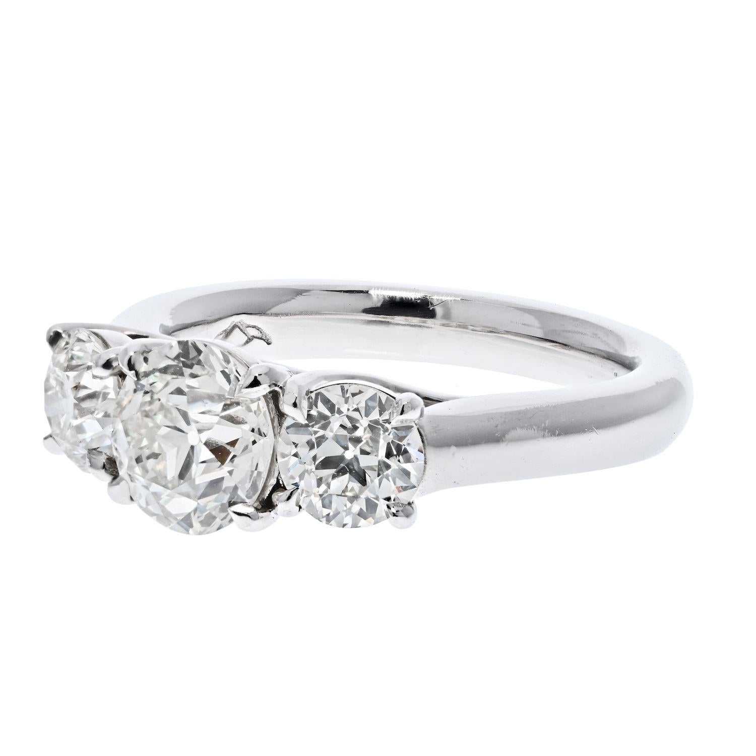 Platinum 2.66 Carats Three Stone Old European Cut Engagement Ring In Excellent Condition In New York, NY