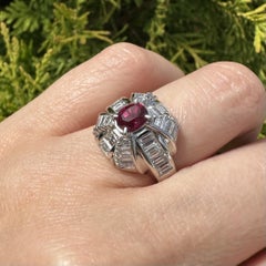 Platinum 2.67ctw Oval Mozambique Vivid Red Ruby w/ Baguette Diamond Ring