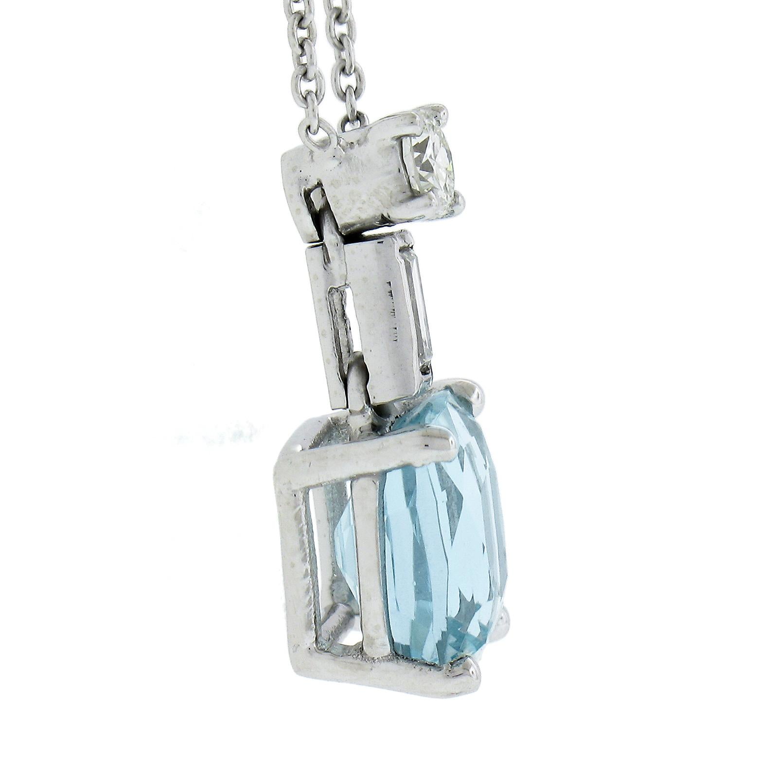 Women's Platinum 2.6ct Cushion Aquamarine & Diamonds Pendant & Adjustable Cable Chain For Sale