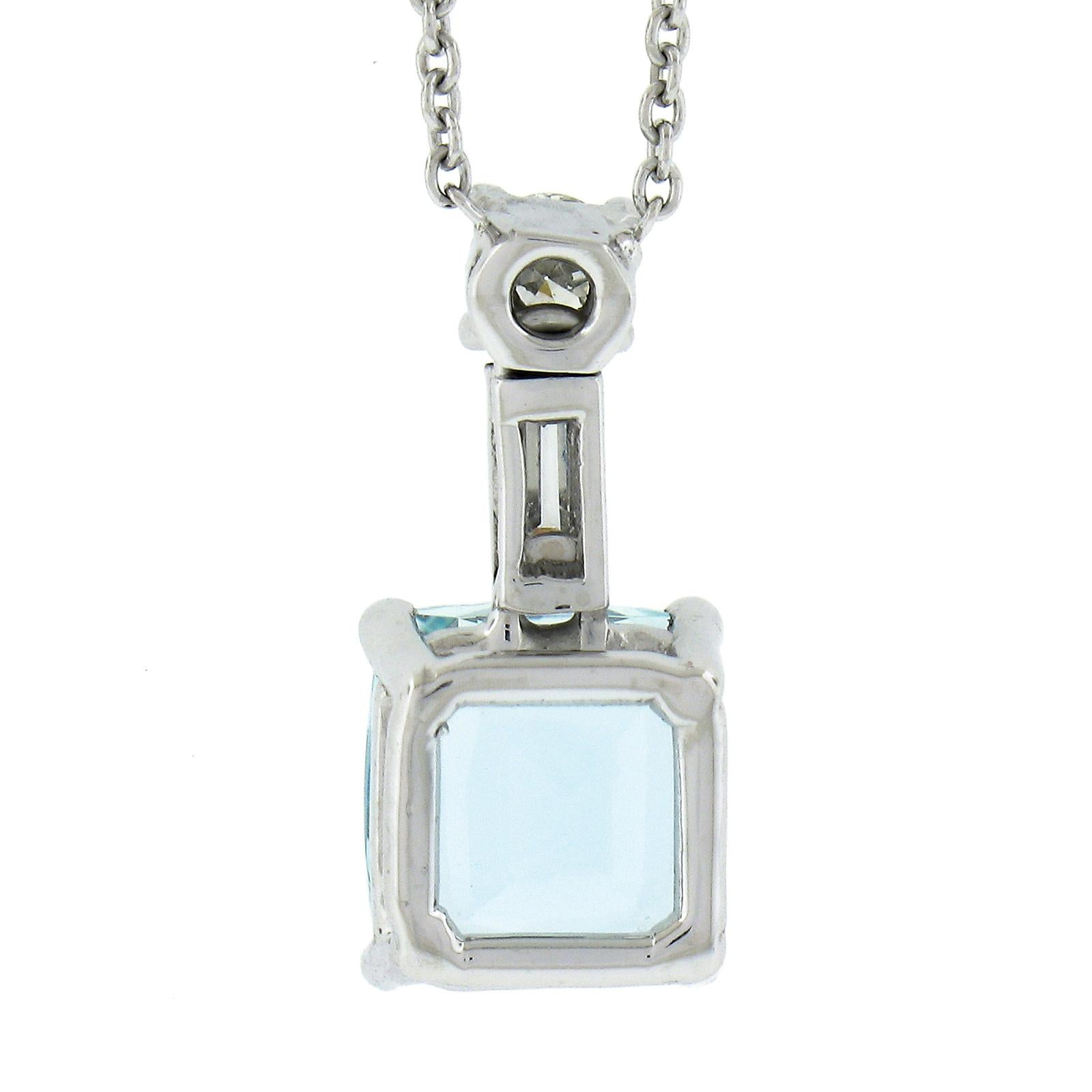Platinum 2.6ct Cushion Aquamarine & Diamonds Pendant & Adjustable Cable Chain For Sale 1