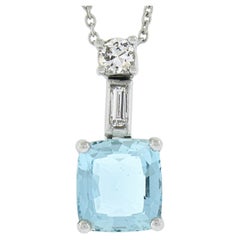 Platinum 2.6ct Cushion Aquamarine & Diamonds Pendant & Adjustable Cable Chain