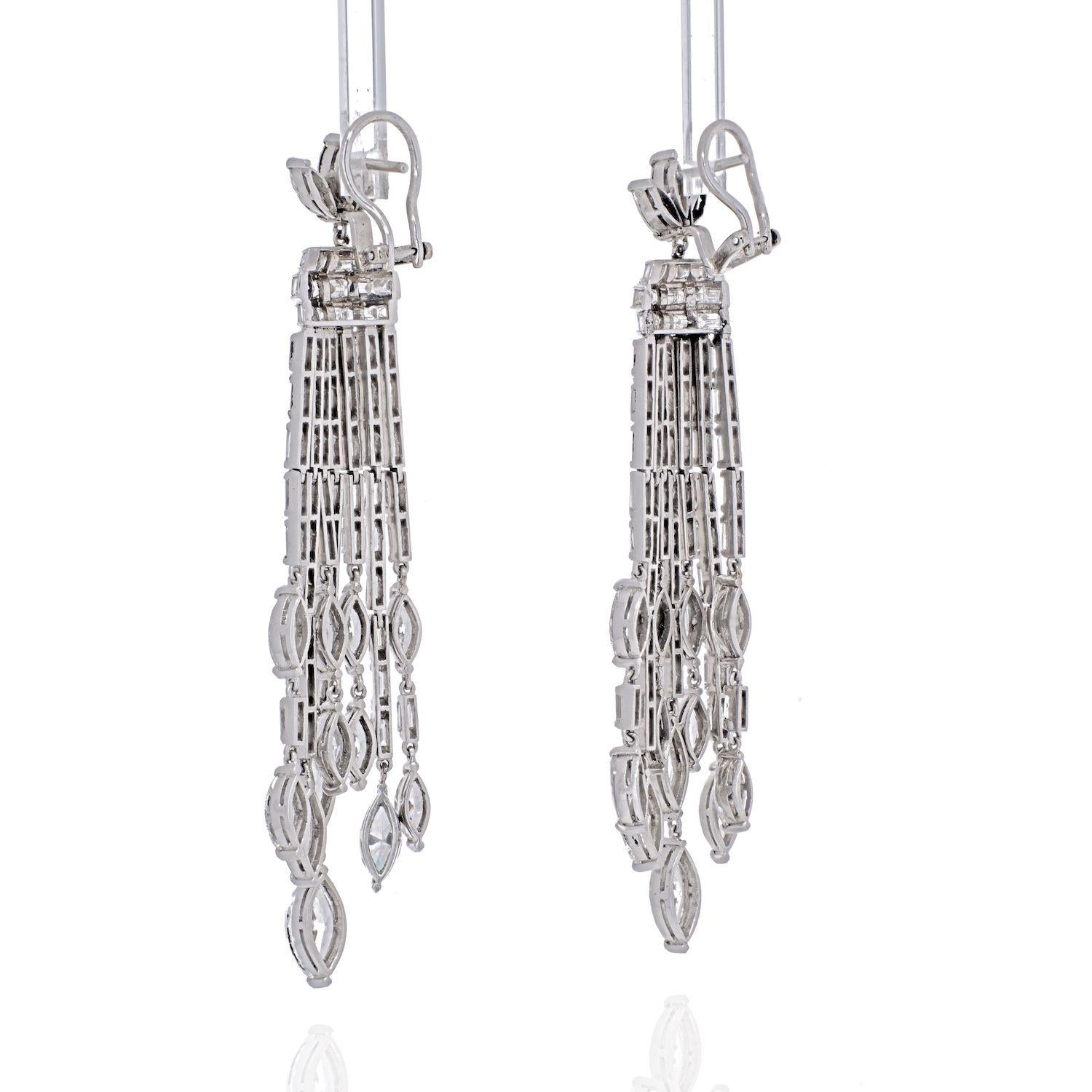 Marquise Cut Platinum 27 Carat Diamond Hanging Chandelier Earrings For Sale