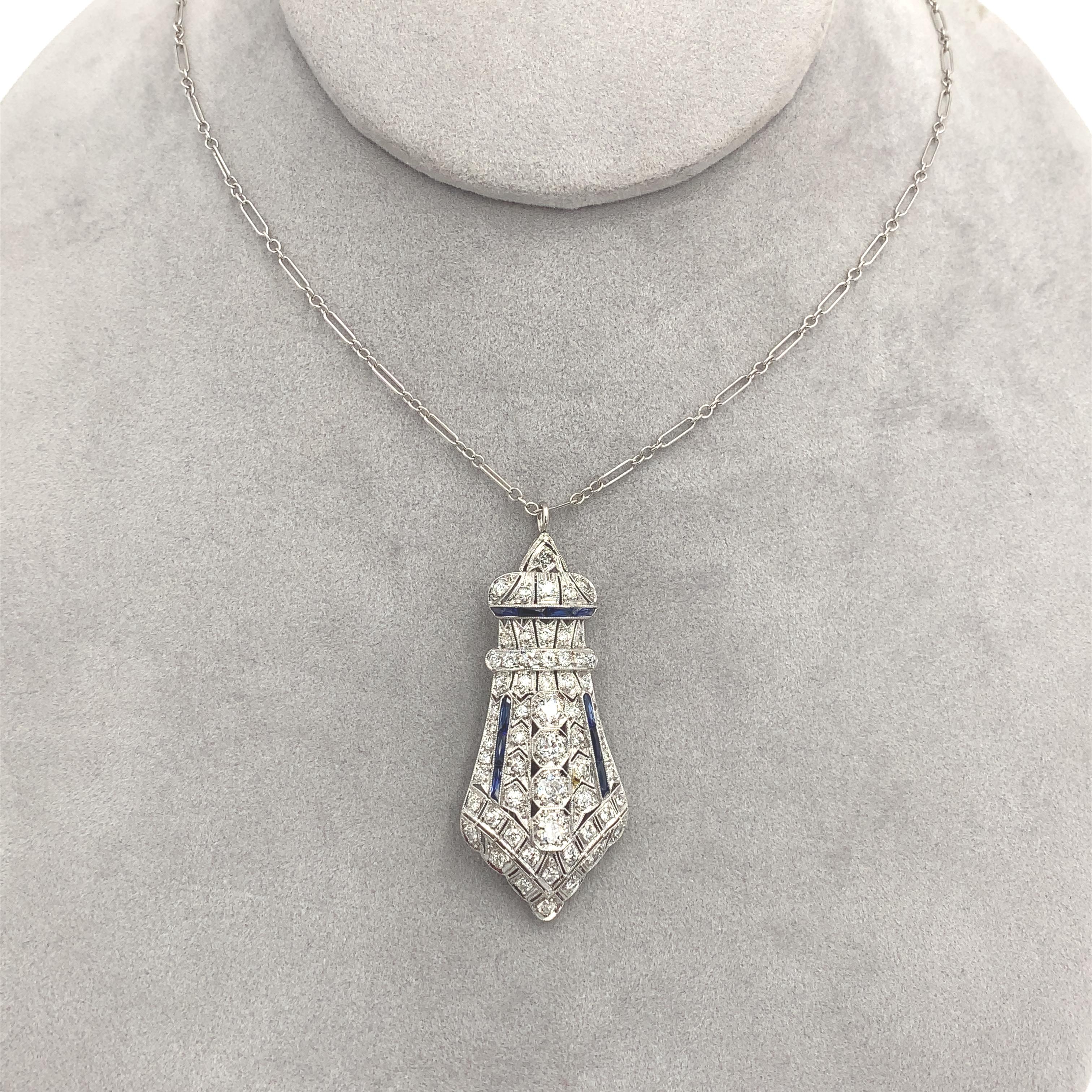 Collana con ciondolo Art Deco in platino da 2,75 carati e catena da 14 carati in vendita 1
