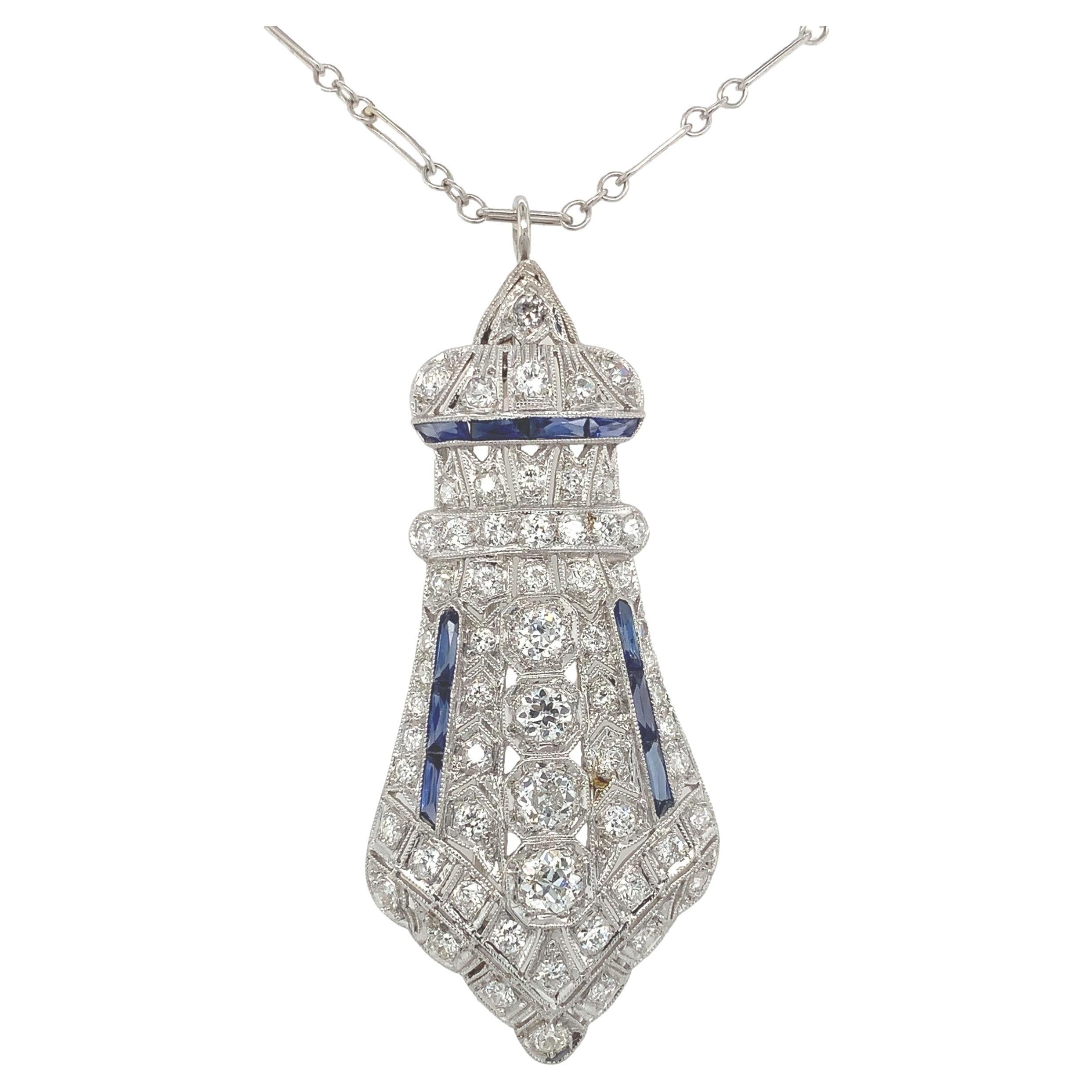 Platinum 2.75 carat Diamond Art Deco Pendant Pin Necklace with 14K chain