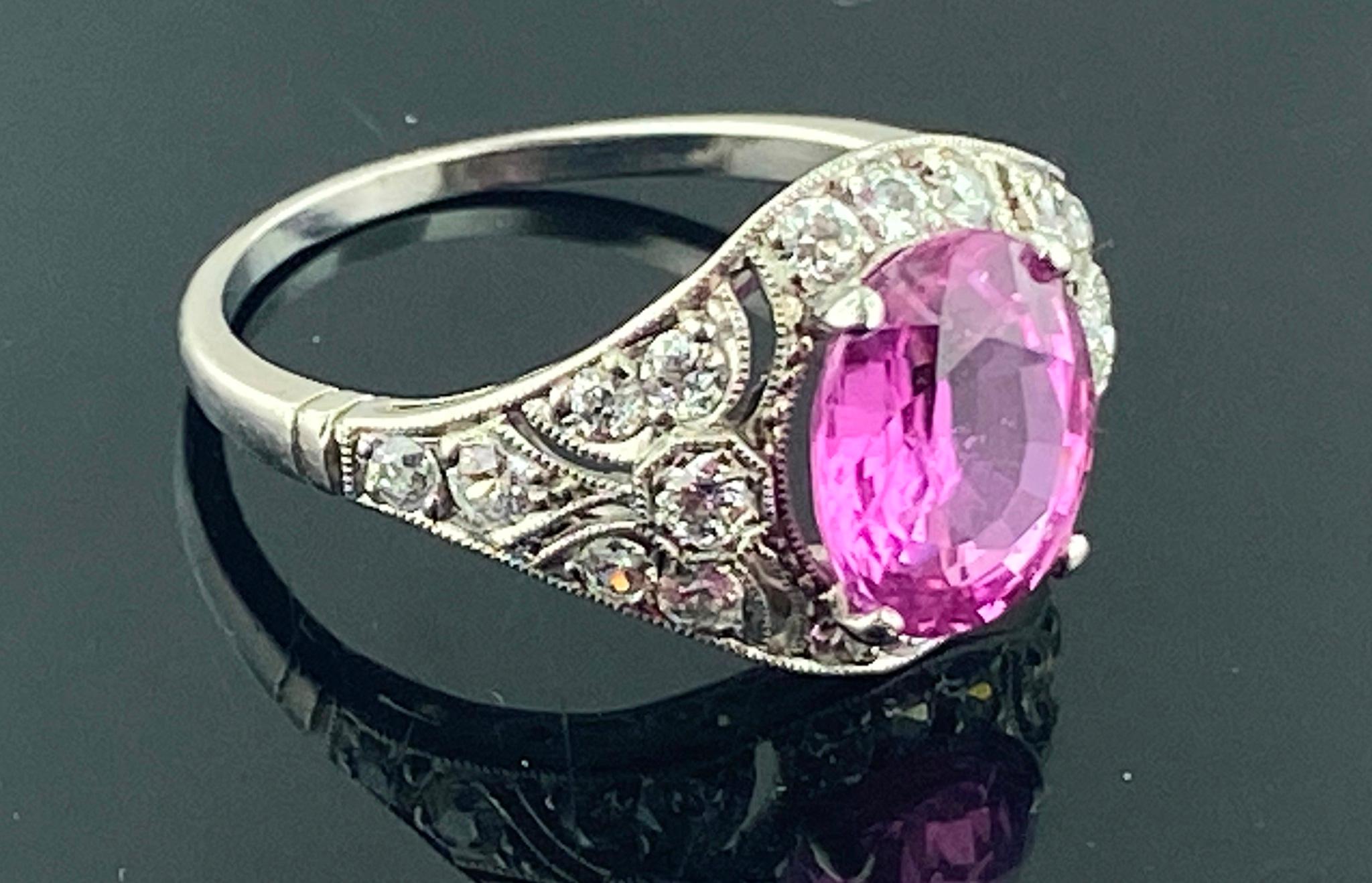 Oval Cut Platinum 2.75 Ct Oval Pink Sapphire & Diamond Ring For Sale