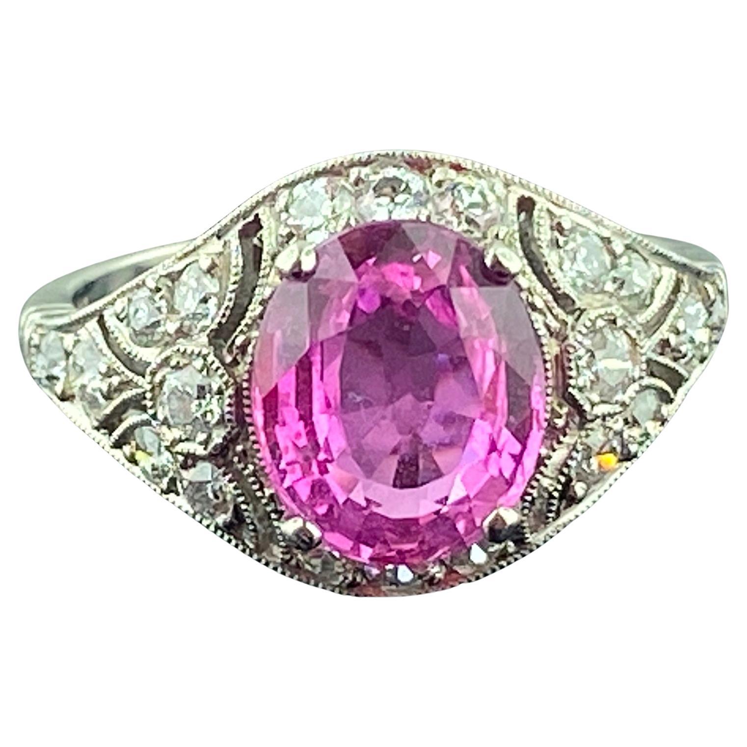 Platinum 2.75 Ct Oval Pink Sapphire & Diamond Ring For Sale