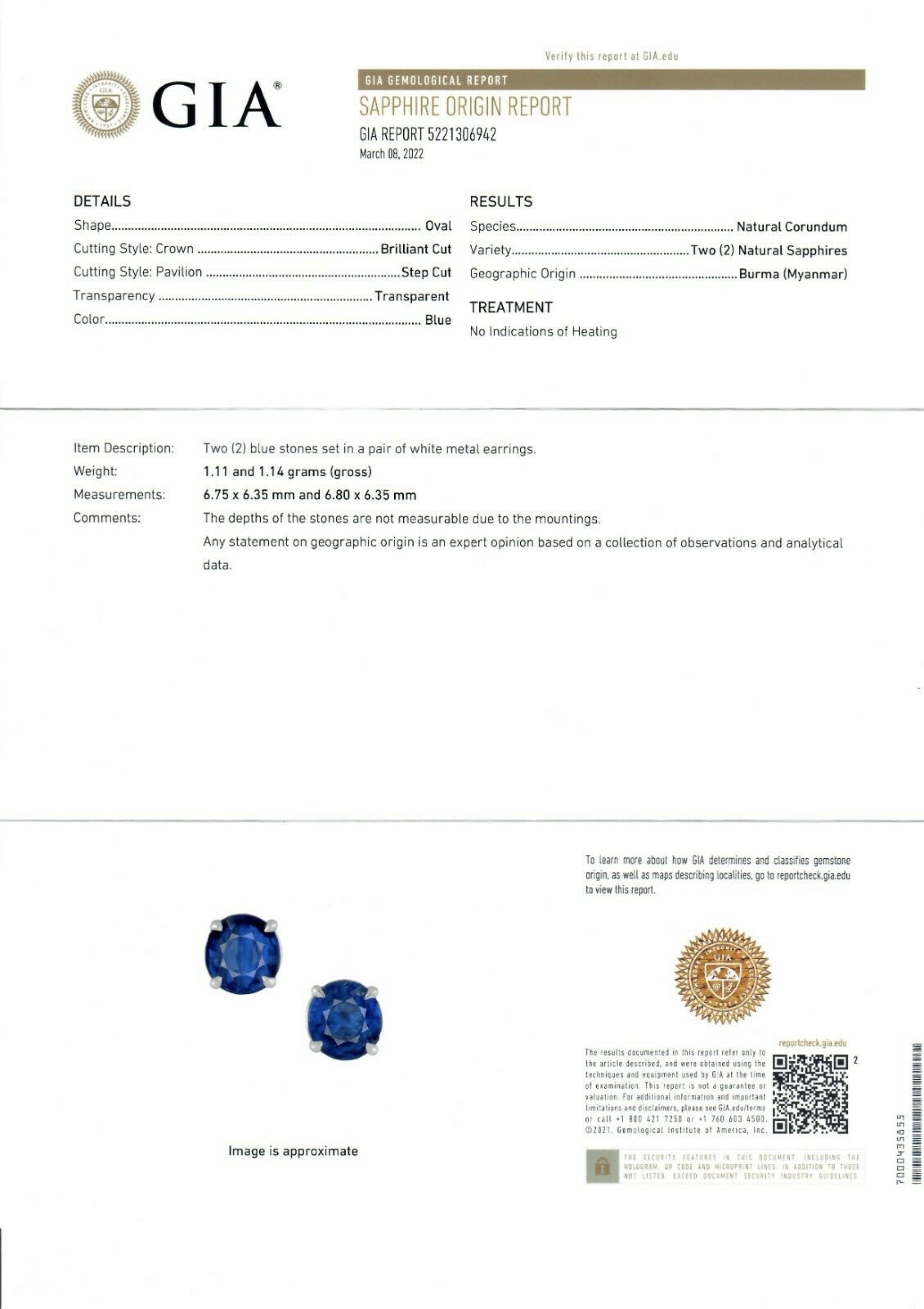 Platinum 2.75ct GIA Burma No Heat Royal Blue Oval Sapphire Prong Stud Earrings For Sale 2