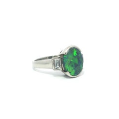 Platinum 2.77ctw GIA Bright & Lively Oval Black Opal w/ Step Cut Diamond Ring
