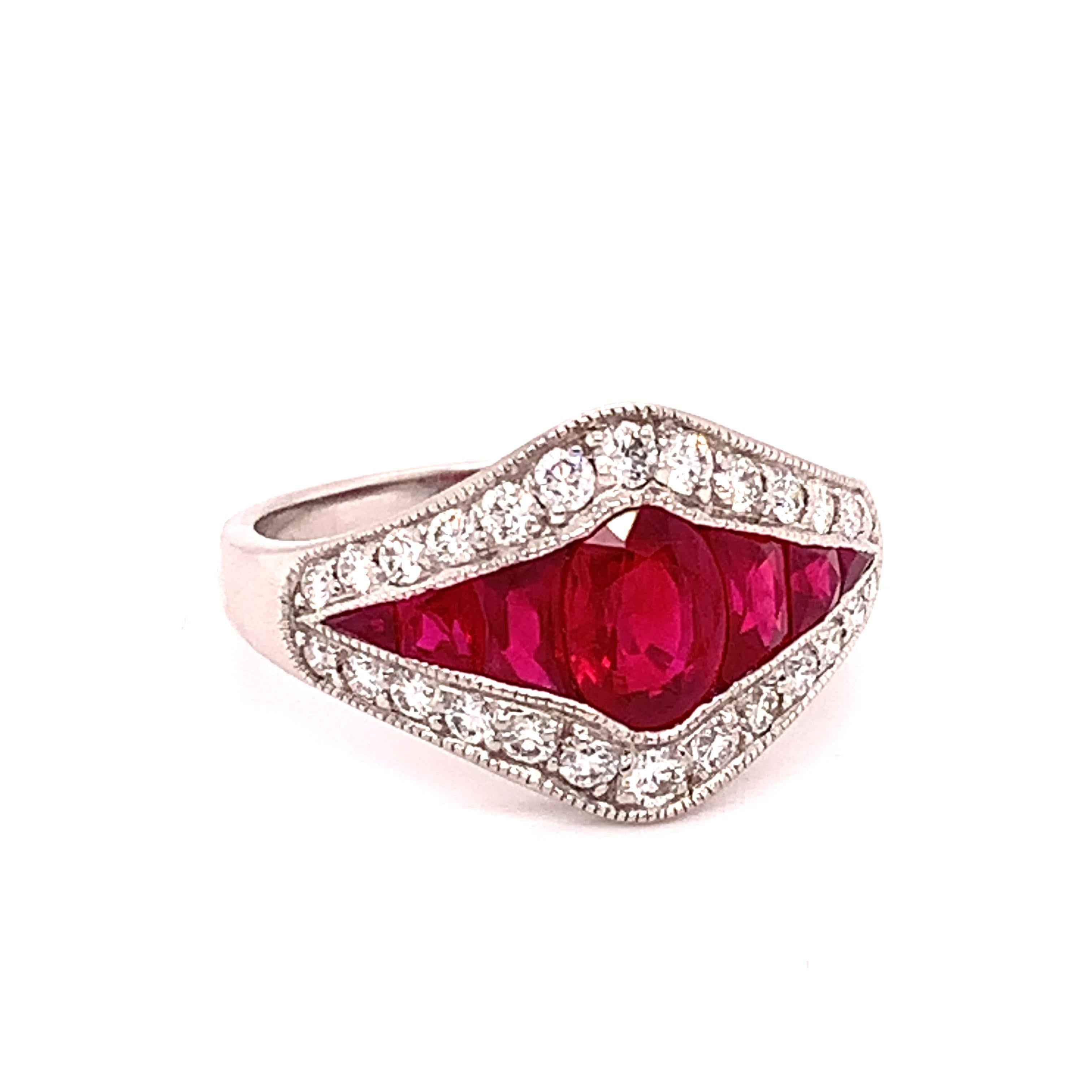 Platinum 2.79 Carat Finest Genuine Natural Ruby Ring (#J4865)

Platinum ruby and diamond ring featuring seven earth mined rubies weighing 2.79 carats total. The center oval ruby weighs about 1 carat and measures about 6mm x 4mm. The six side