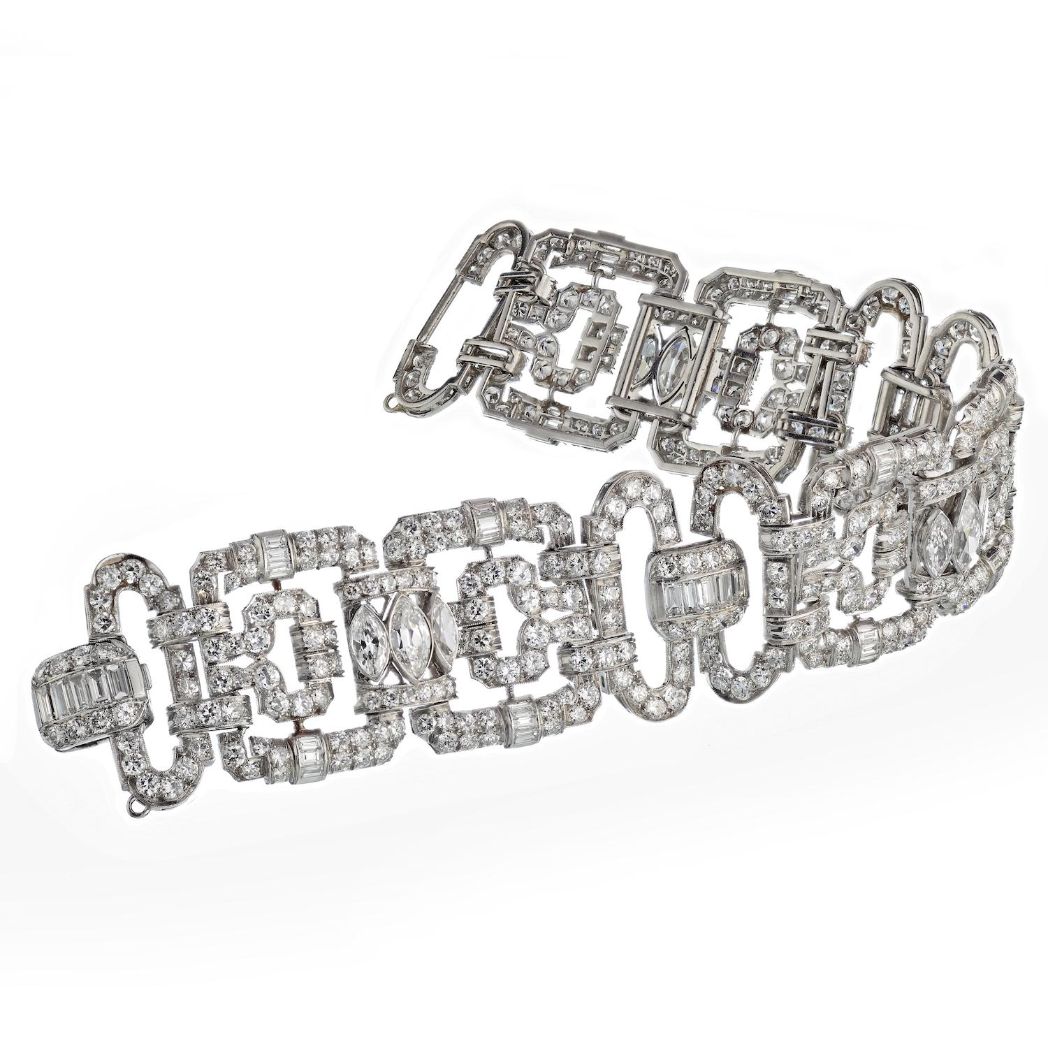 Round Cut Platinum 28.00cttw Art Deco Diamond Dramatic Wide Link Bracelet For Sale