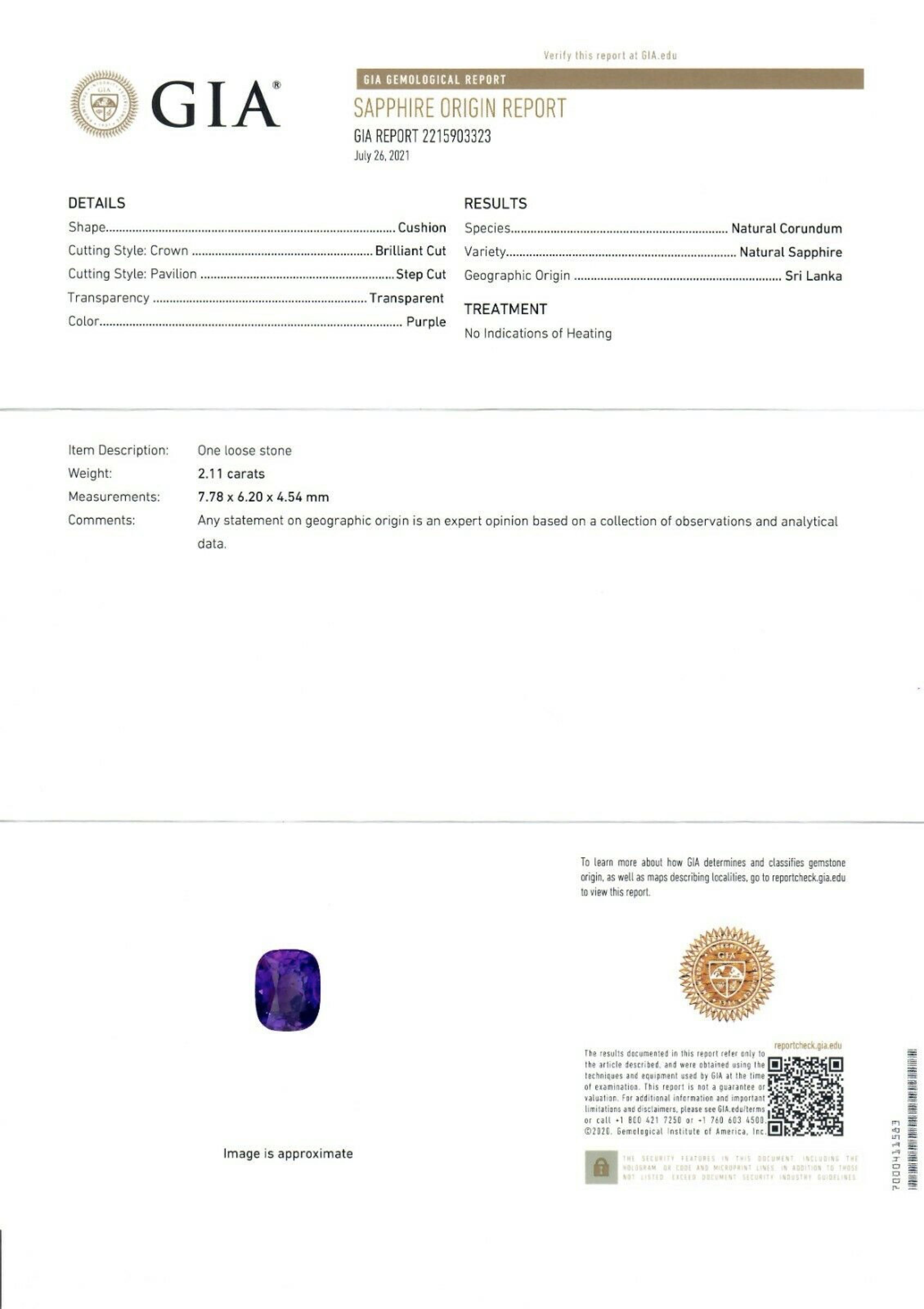 Platinum 2.83ctw GIA Cushion Ceylon Purple Sapphire & Diamond Engagement Ring For Sale 2