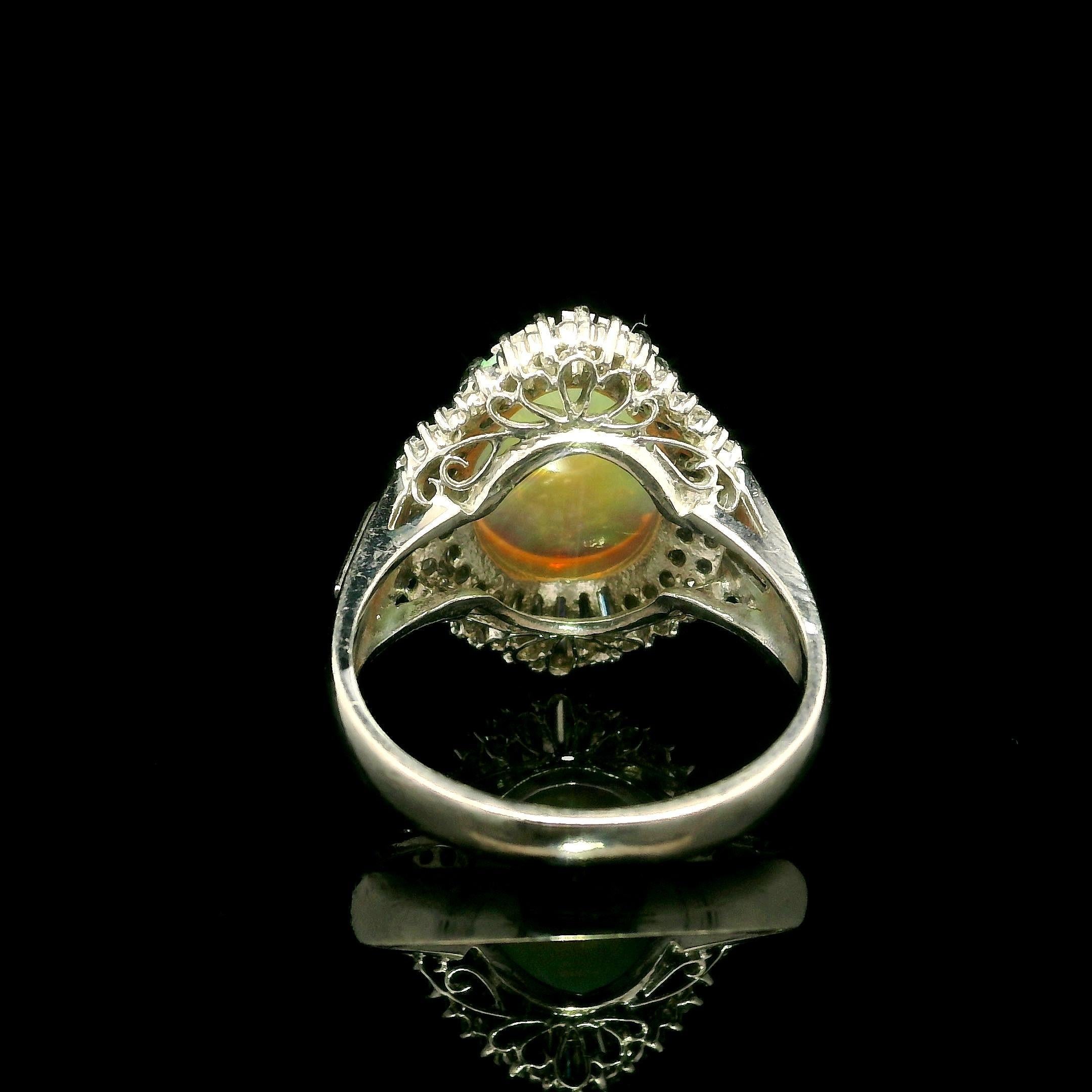 Platin 2,83ctw Oval Cabochon Opal w / Baguette & Runde Diamant Halo Ring im Angebot 6