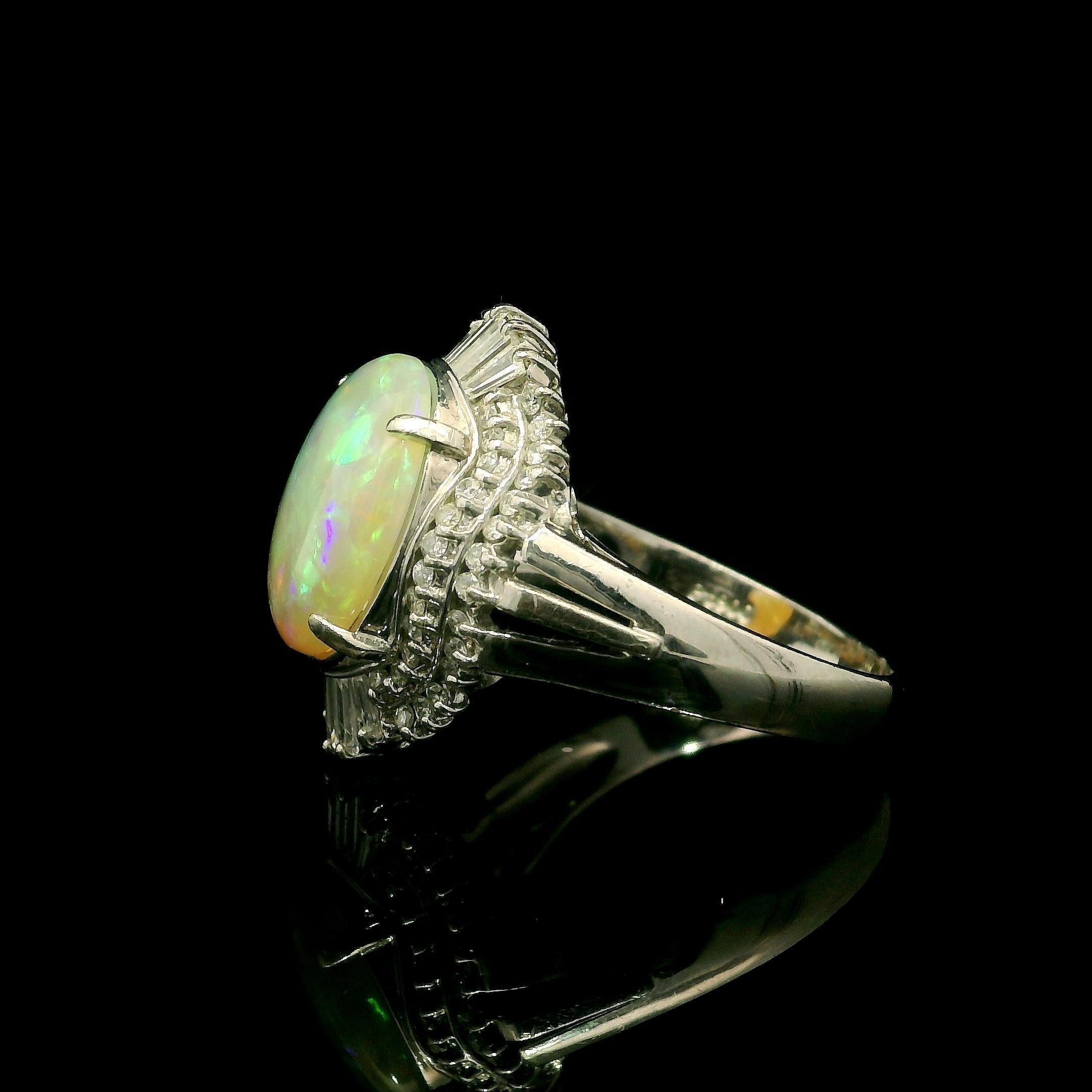 Platin 2,83ctw Oval Cabochon Opal w / Baguette & Runde Diamant Halo Ring im Angebot 7