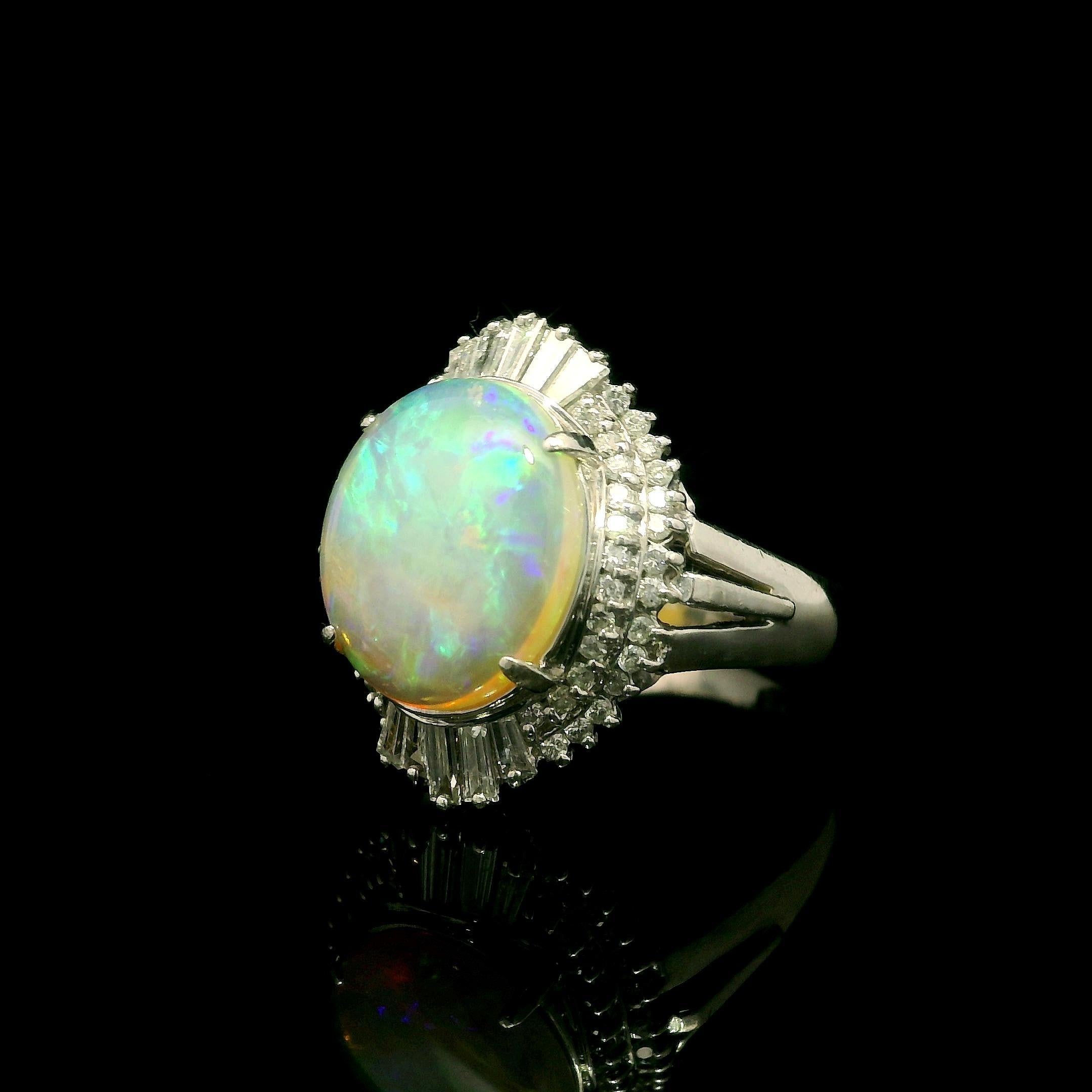 Platin 2,83ctw Oval Cabochon Opal w / Baguette & Runde Diamant Halo Ring im Angebot 9