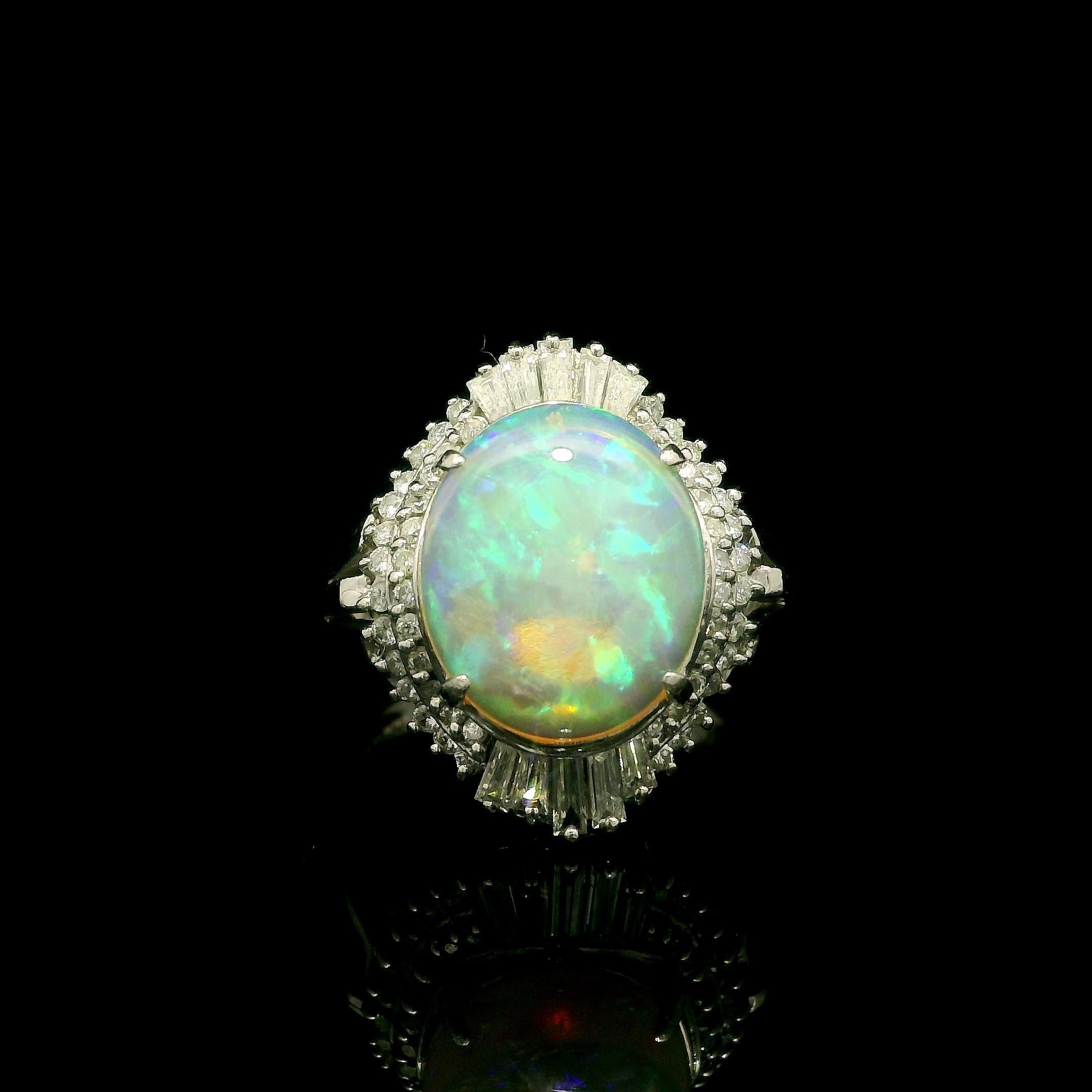 Platin 2,83ctw Oval Cabochon Opal w / Baguette & Runde Diamant Halo Ring im Angebot 13