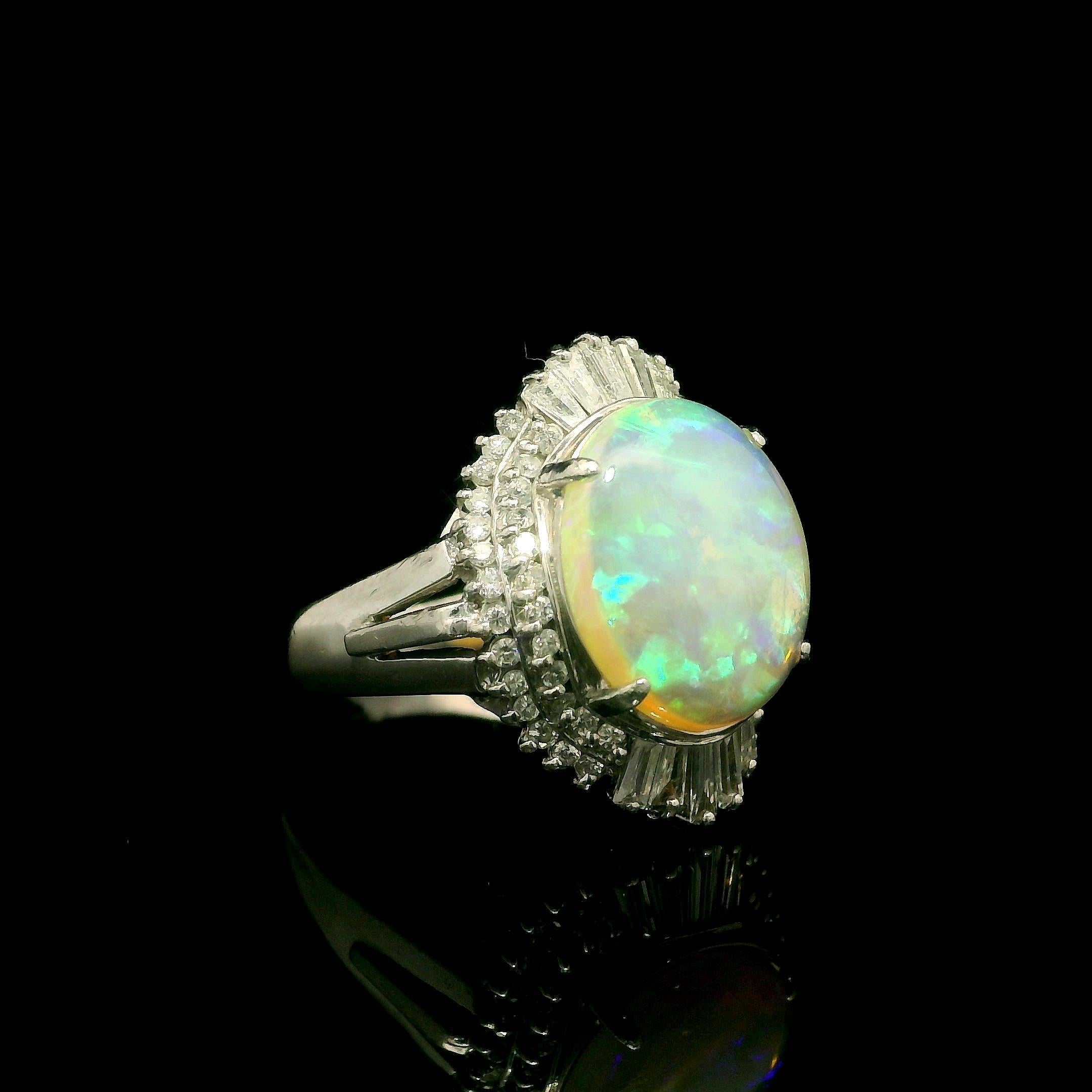 Platin 2,83ctw Oval Cabochon Opal w / Baguette & Runde Diamant Halo Ring im Angebot 14