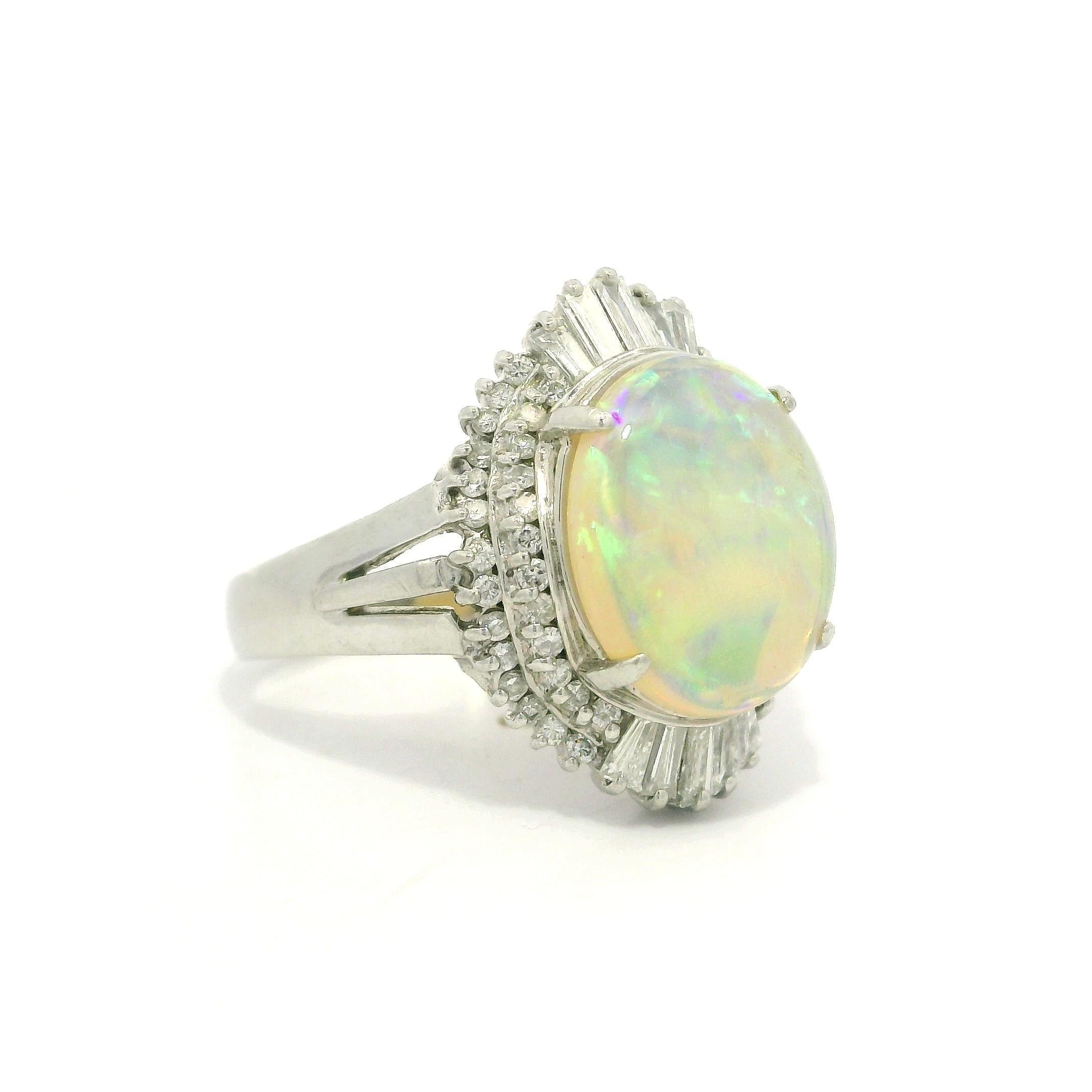 Platin 2,83ctw Oval Cabochon Opal w / Baguette & Runde Diamant Halo Ring im Angebot 5