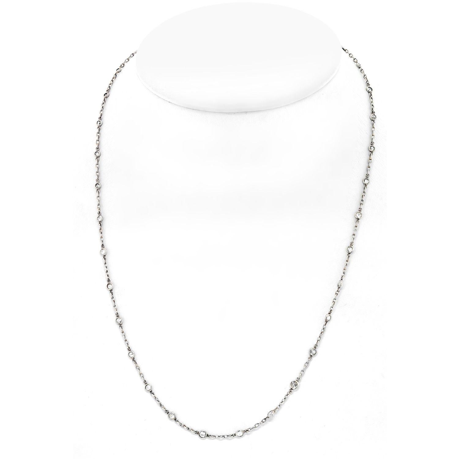 The platinum diamond by the yard chain necklace is a delicate and elegant piece of jewelry that exudes understated luxury. Measuring 20 inches in length, this chain necklace is long enough to be worn on its own or layered with other necklaces for a