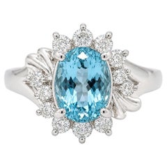 Platinum 2.85ctw High Quality Oval Rich Blue Aquamarine and Diamond Ring