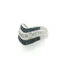 Platinum 2.89ctw Baguette Sapphire & Diamond 3 Row Wide Wavy Chevron Band Ring