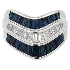 Platinum 2.89ctw Baguette Sapphire & Diamond 3 Row Wide Wavy Chevron Band Ring