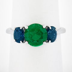 Platinum 2.89ctw GIA Round Green Tsavorite & Oval Sapphire Three 3 Stone Ring
