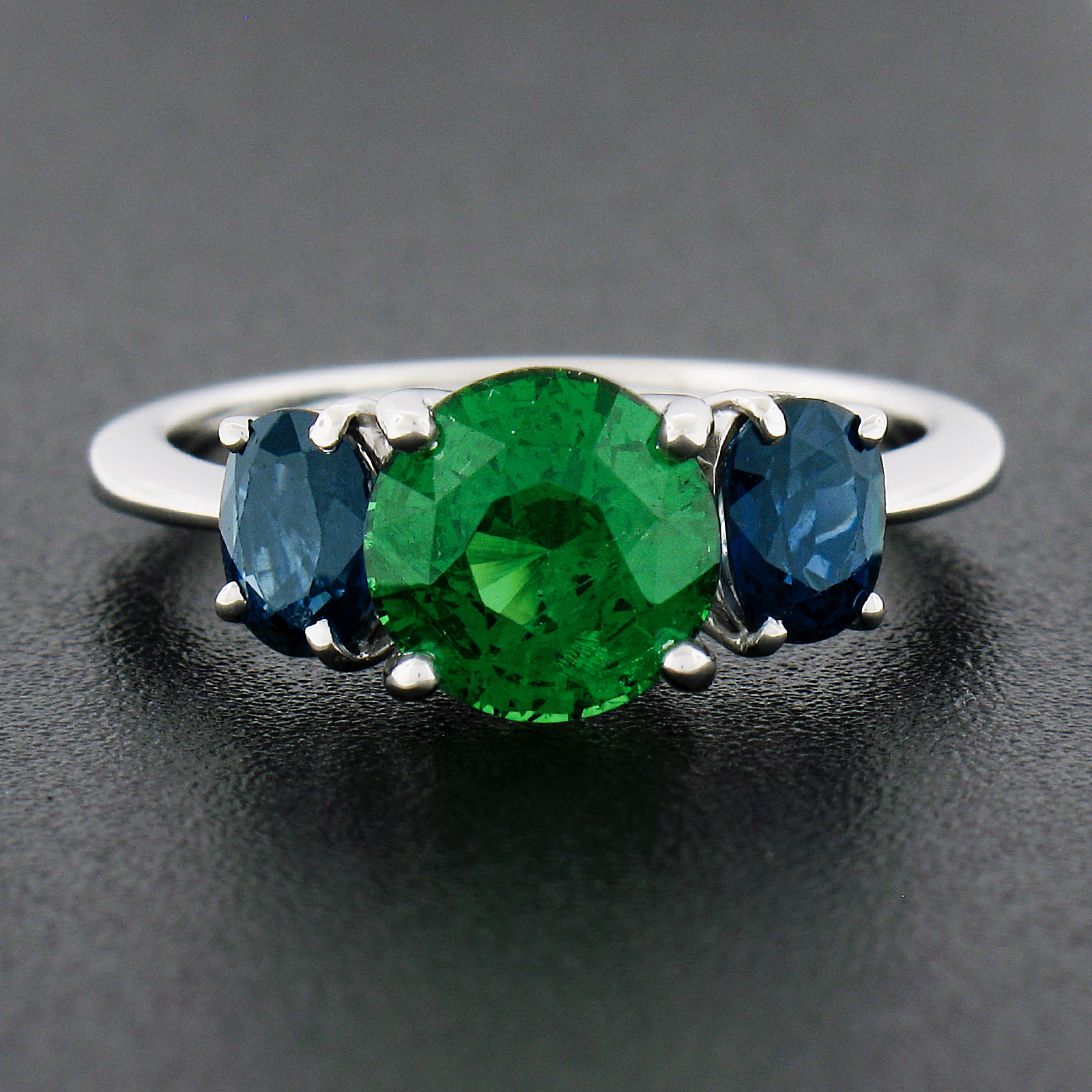 Round Cut Platinum 2.89ctw GIA Round Green Tsavorite & Oval Sapphire Three 3 Stone Ring For Sale
