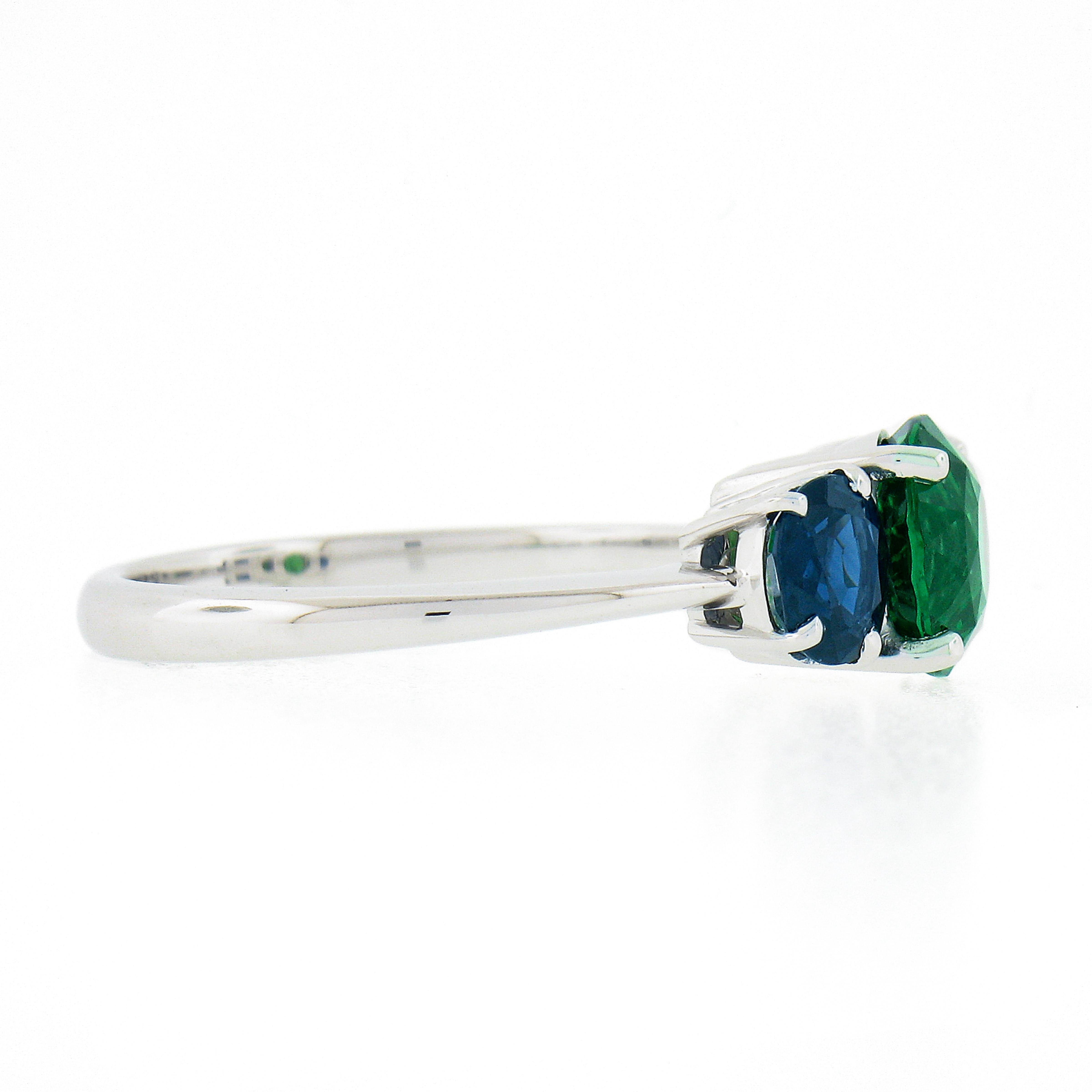 Round Cut Platinum 2.89ctw GIA Round Green Tsavorite & Oval Sapphire Three 3 Stone Ring For Sale