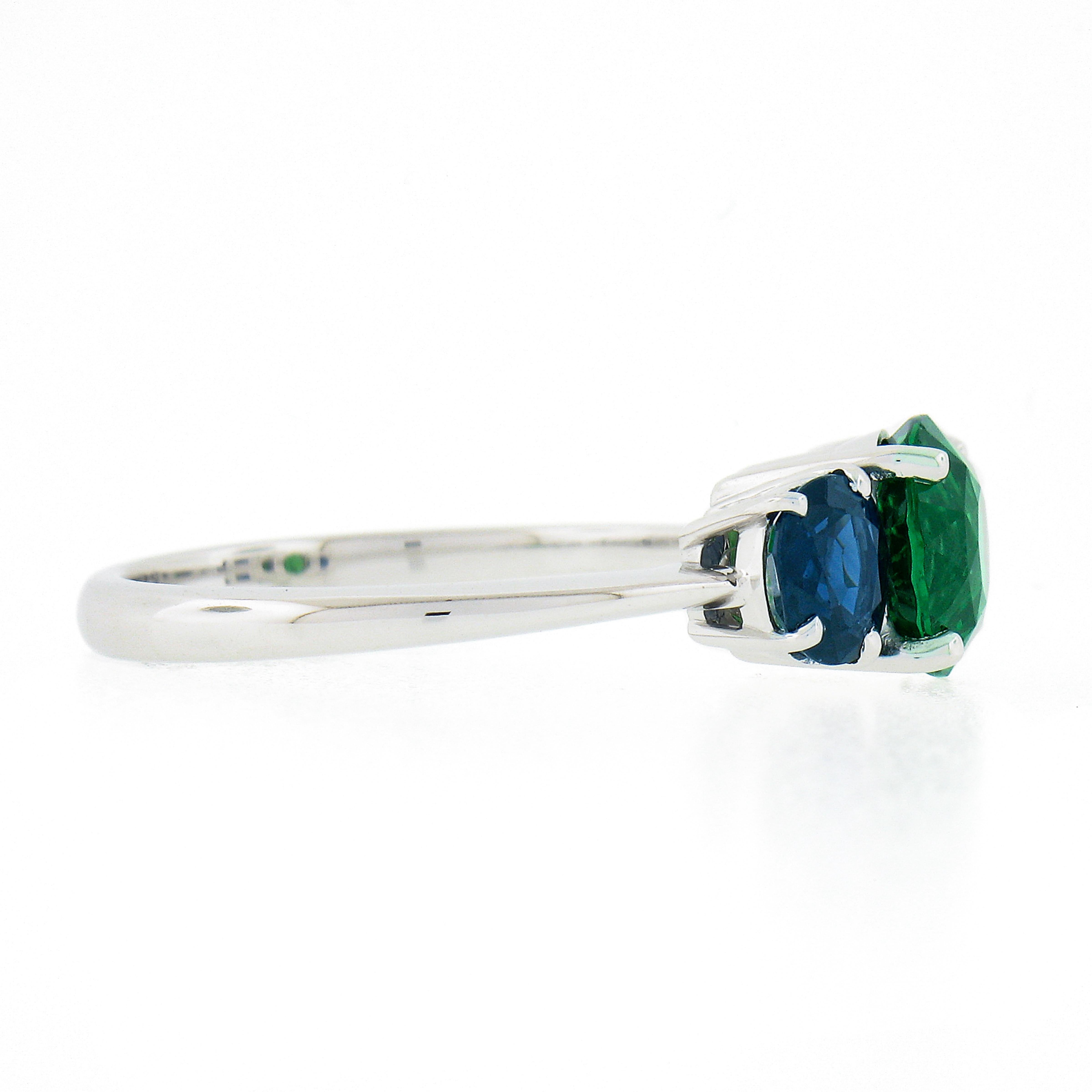 Women's Platinum 2.89ctw GIA Round Green Tsavorite & Oval Sapphire Three 3 Stone Ring For Sale