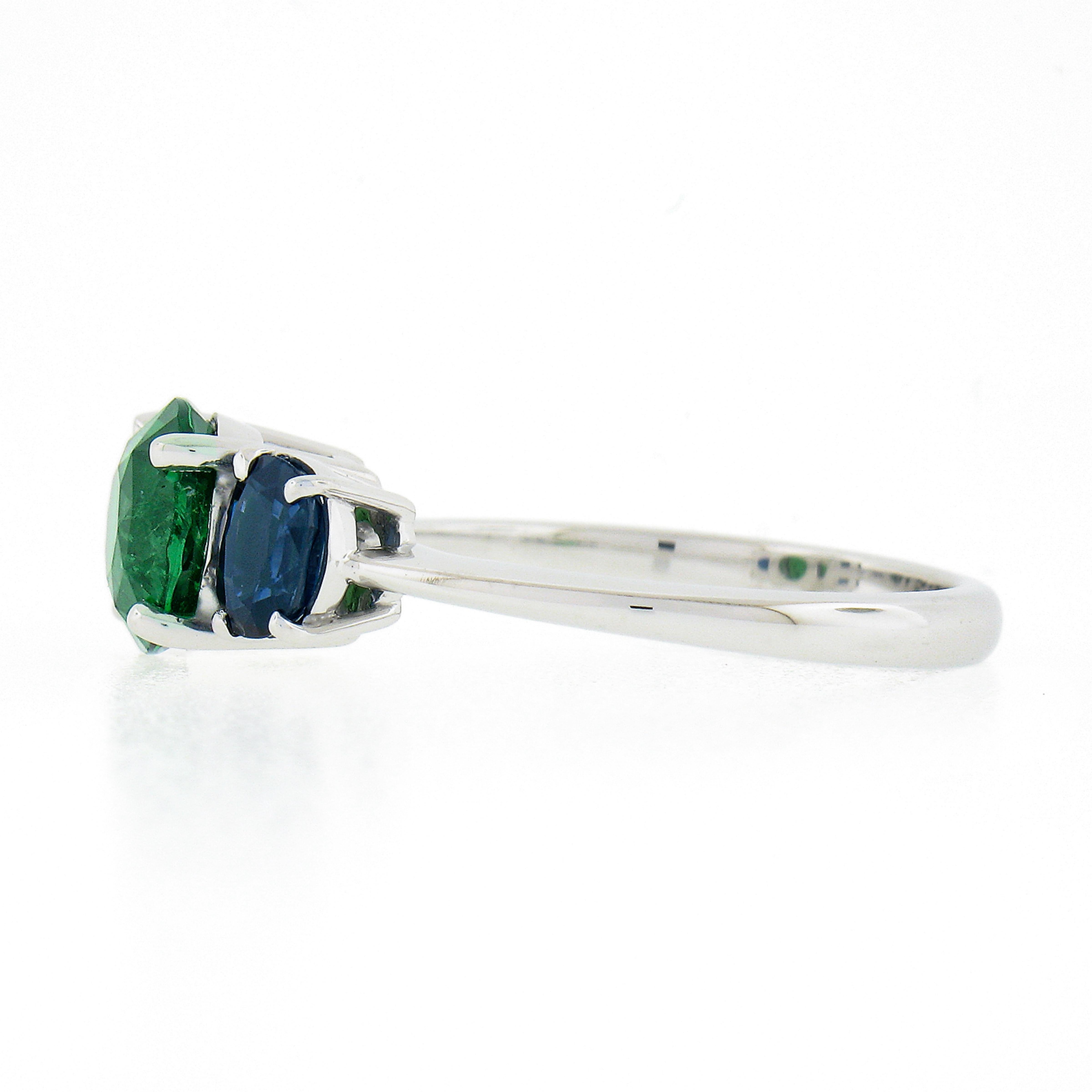 Platinum 2.89ctw GIA Round Green Tsavorite & Oval Sapphire Three 3 Stone Ring For Sale 1