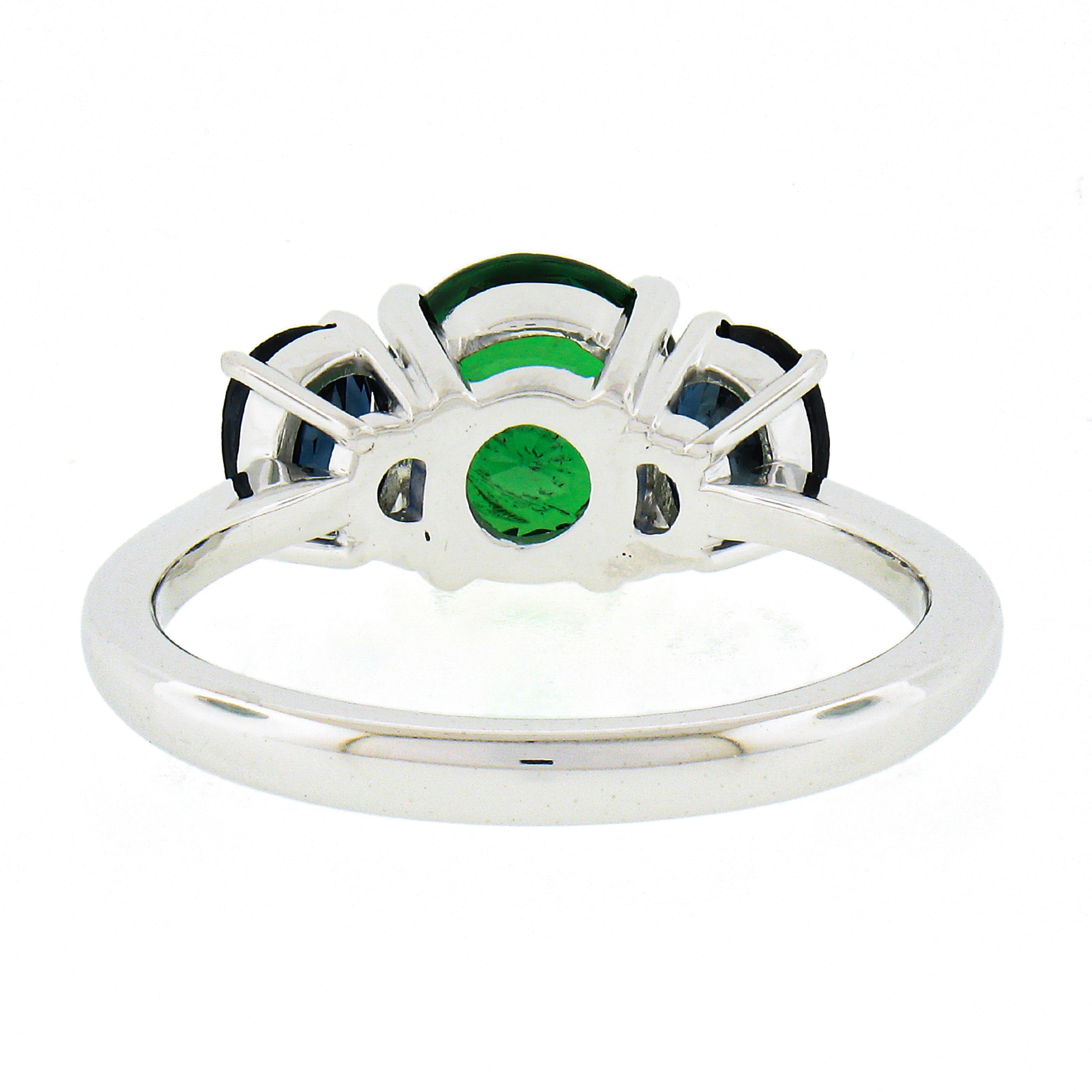 Women's Platinum 2.89ctw GIA Round Green Tsavorite & Oval Sapphire Three 3 Stone Ring For Sale