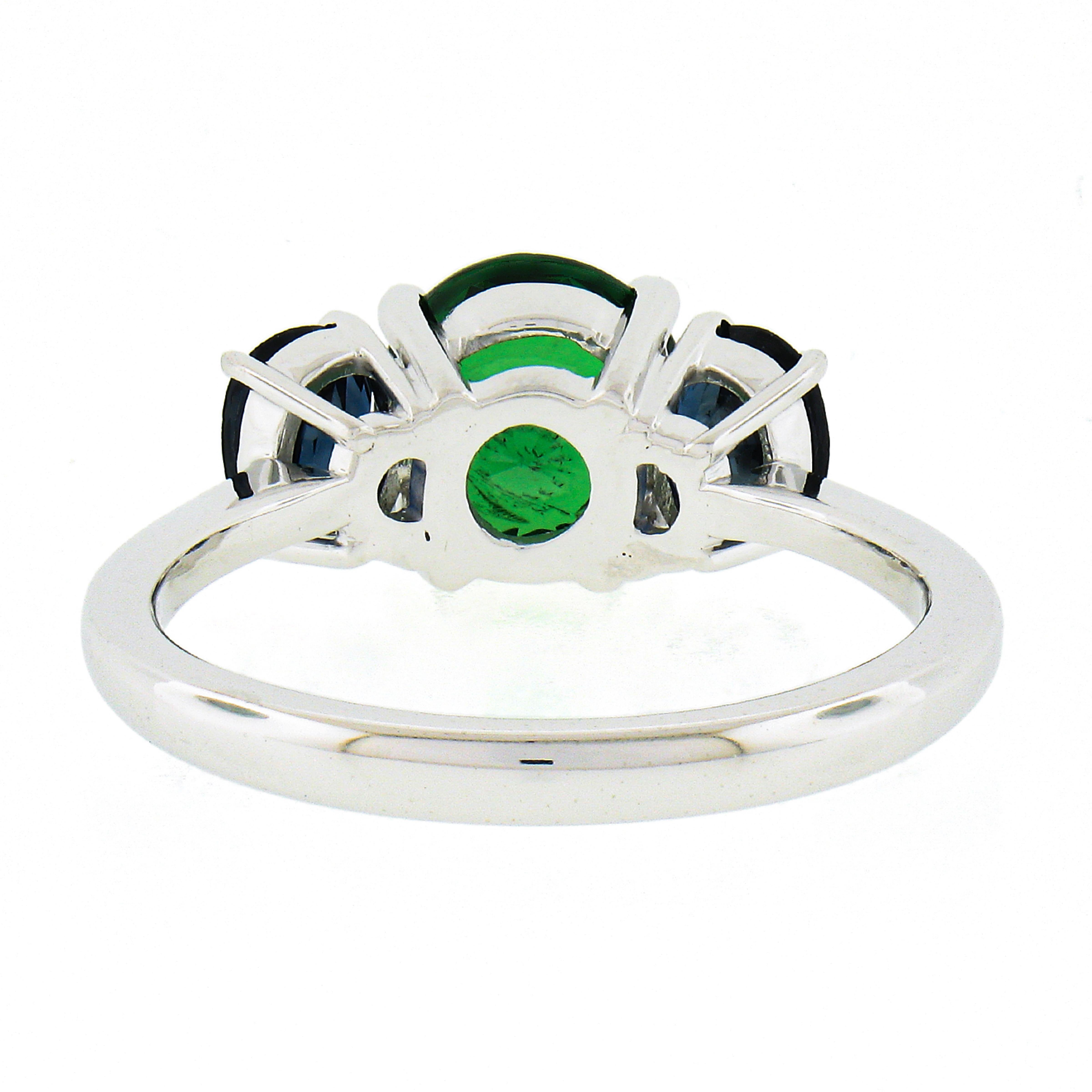 Platinum 2.89ctw GIA Round Green Tsavorite & Oval Sapphire Three 3 Stone Ring For Sale 2