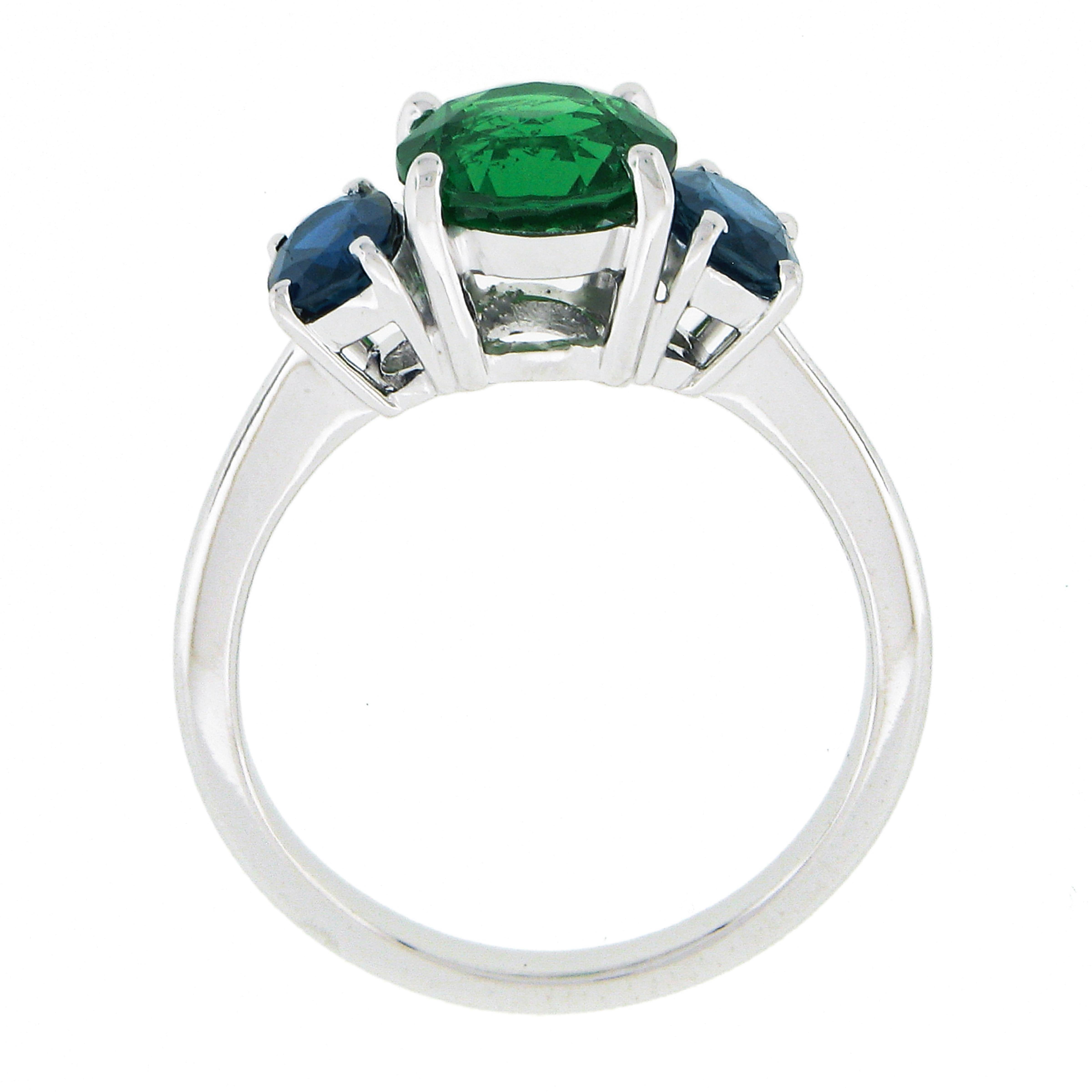 Platinum 2.89ctw GIA Round Green Tsavorite & Oval Sapphire Three 3 Stone Ring For Sale 1