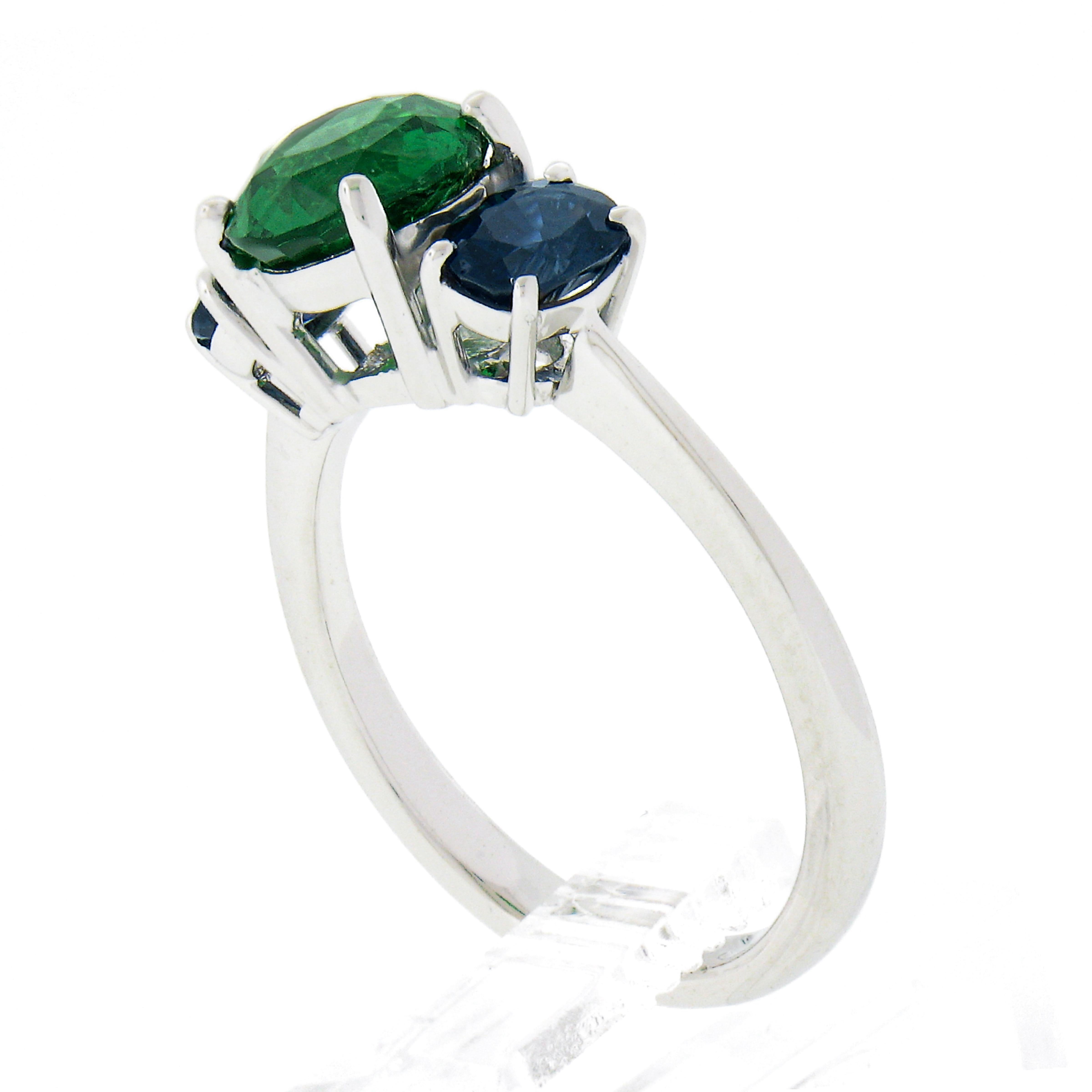 Platinum 2.89ctw GIA Round Green Tsavorite & Oval Sapphire Three 3 Stone Ring For Sale 4