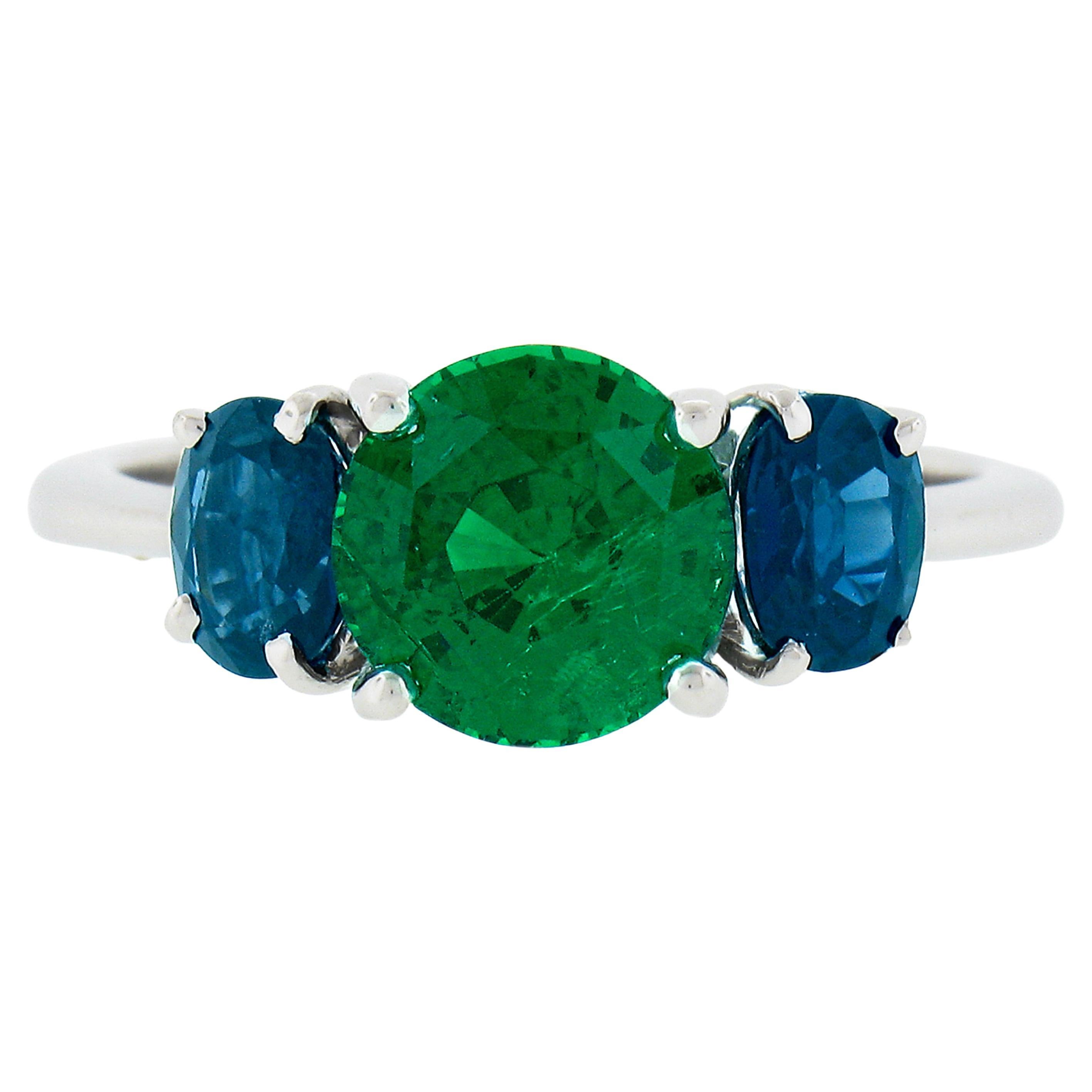 Platinum 2.89ctw GIA Round Green Tsavorite & Oval Sapphire Three 3 Stone Ring For Sale