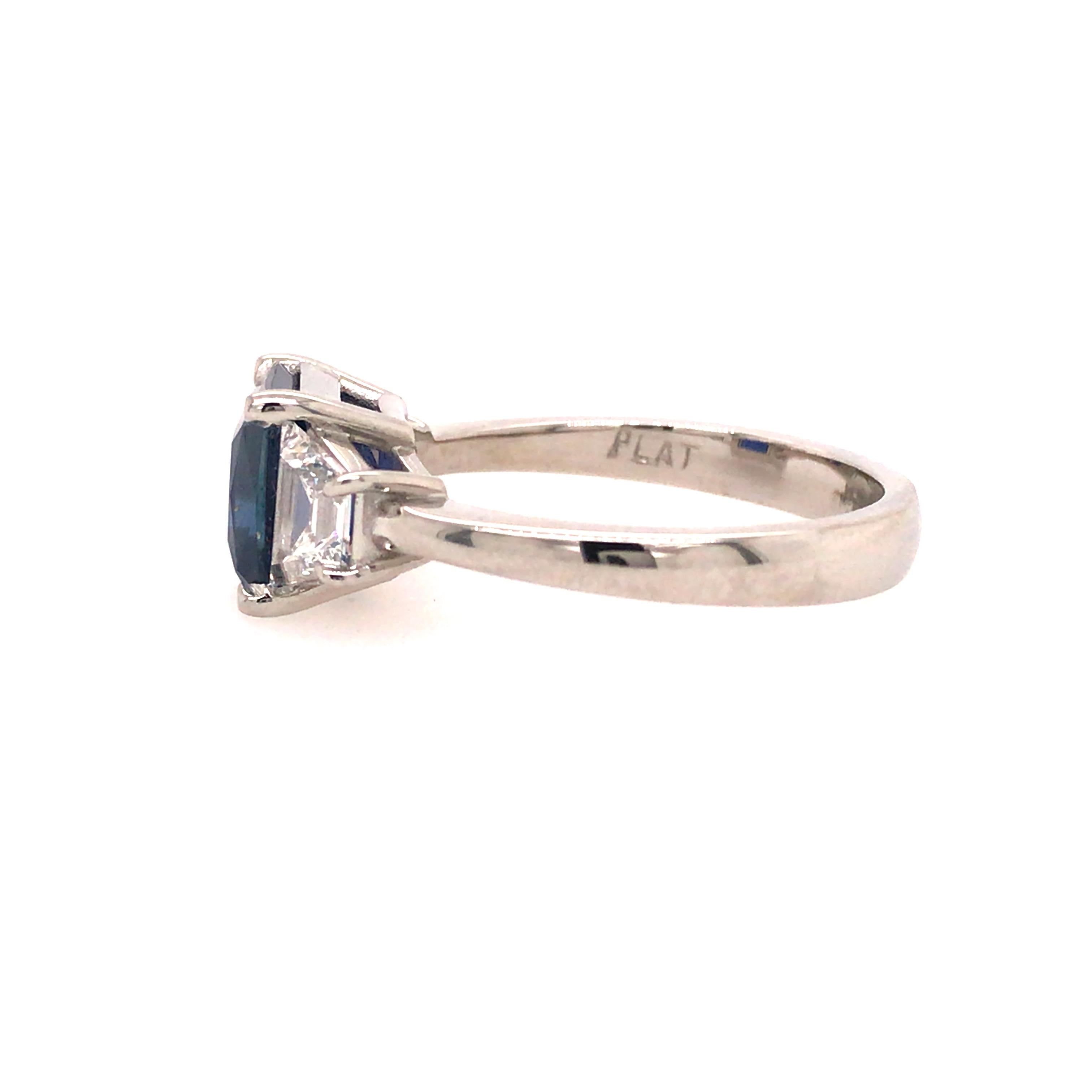 Octagon Cut Platinum 2.92 Carat GIA Sapphire and Diamond Three Stone Ring For Sale