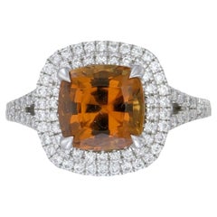 Platinum 2.94 Carat Natural Orange Tourmaline & Diamond Double Halo Ring