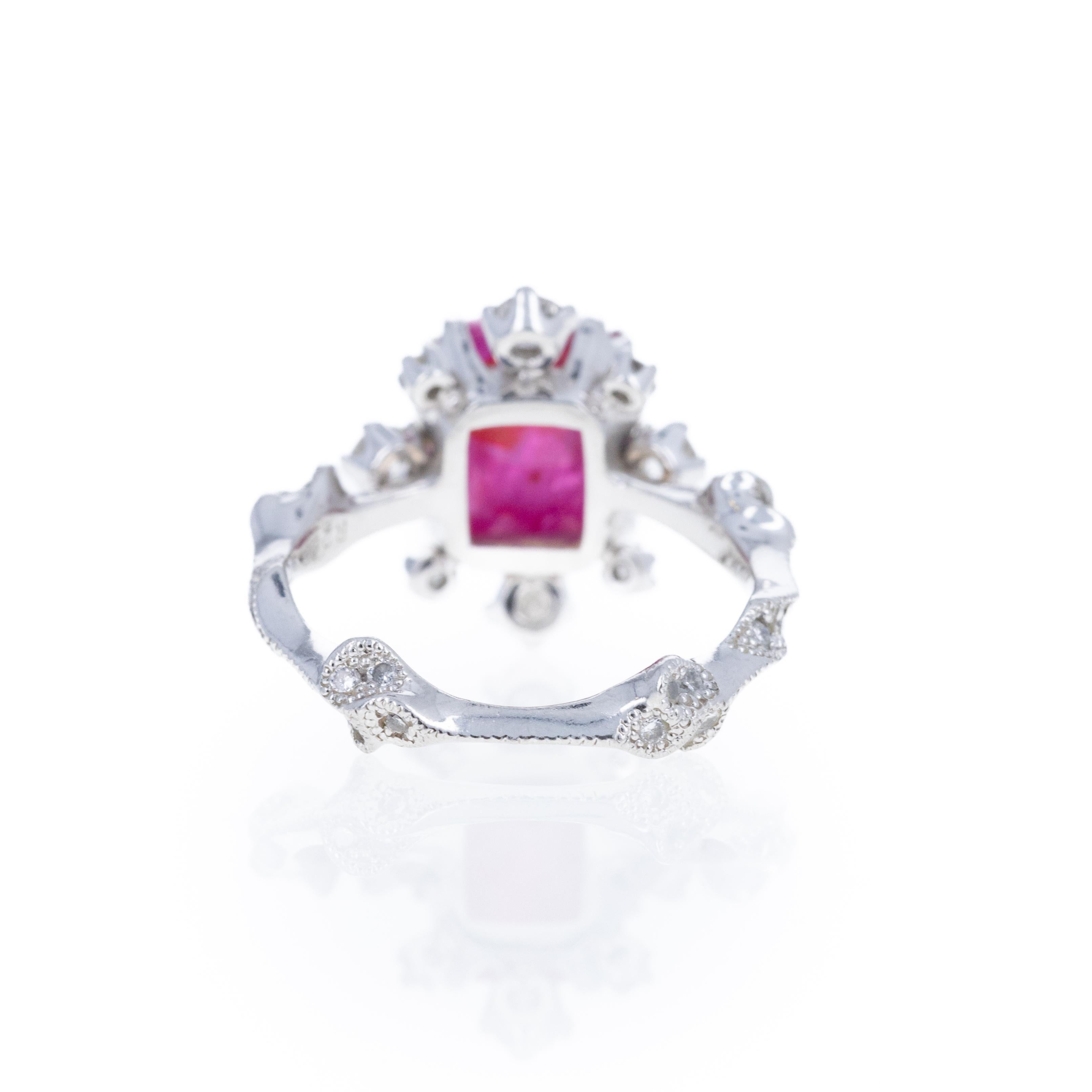 Sugarloaf Cabochon Platinum 2.95 Sugar Loaf Ruby Floral Diamond Ring For Sale