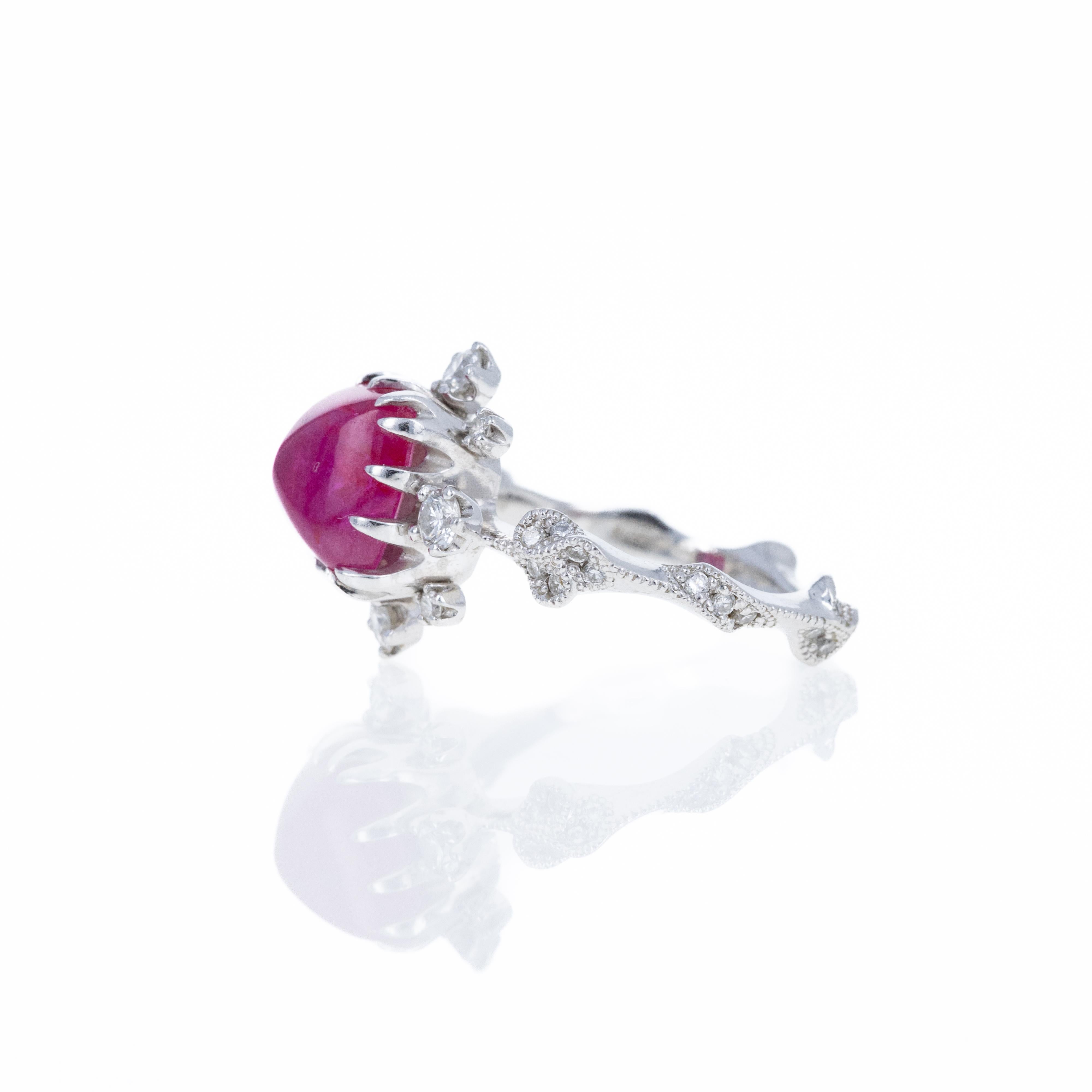 Platinum 2.95 Sugar Loaf Ruby Floral Diamond Ring In Excellent Condition For Sale In Cape May, NJ