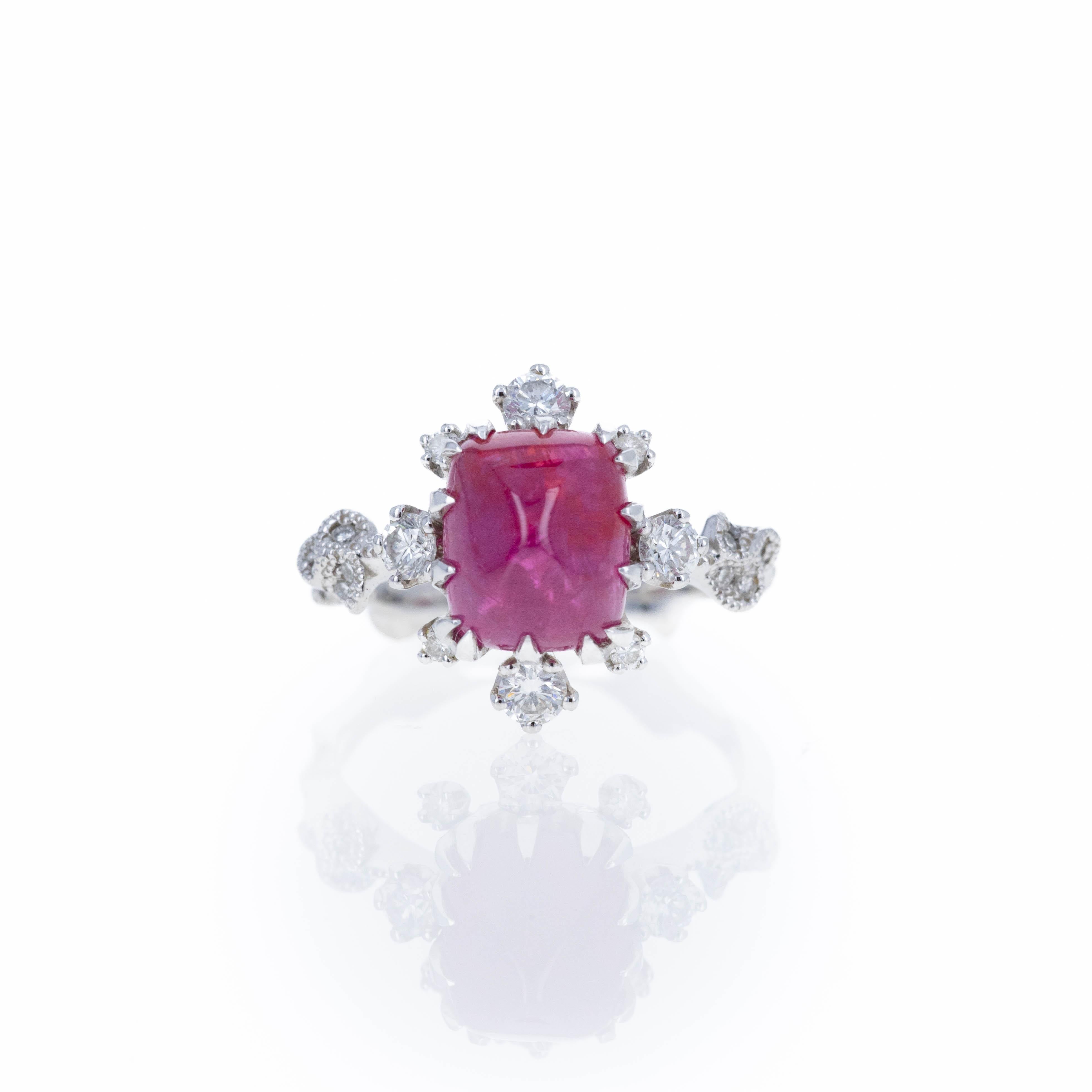 Women's Platinum 2.95 Sugar Loaf Ruby Floral Diamond Ring For Sale